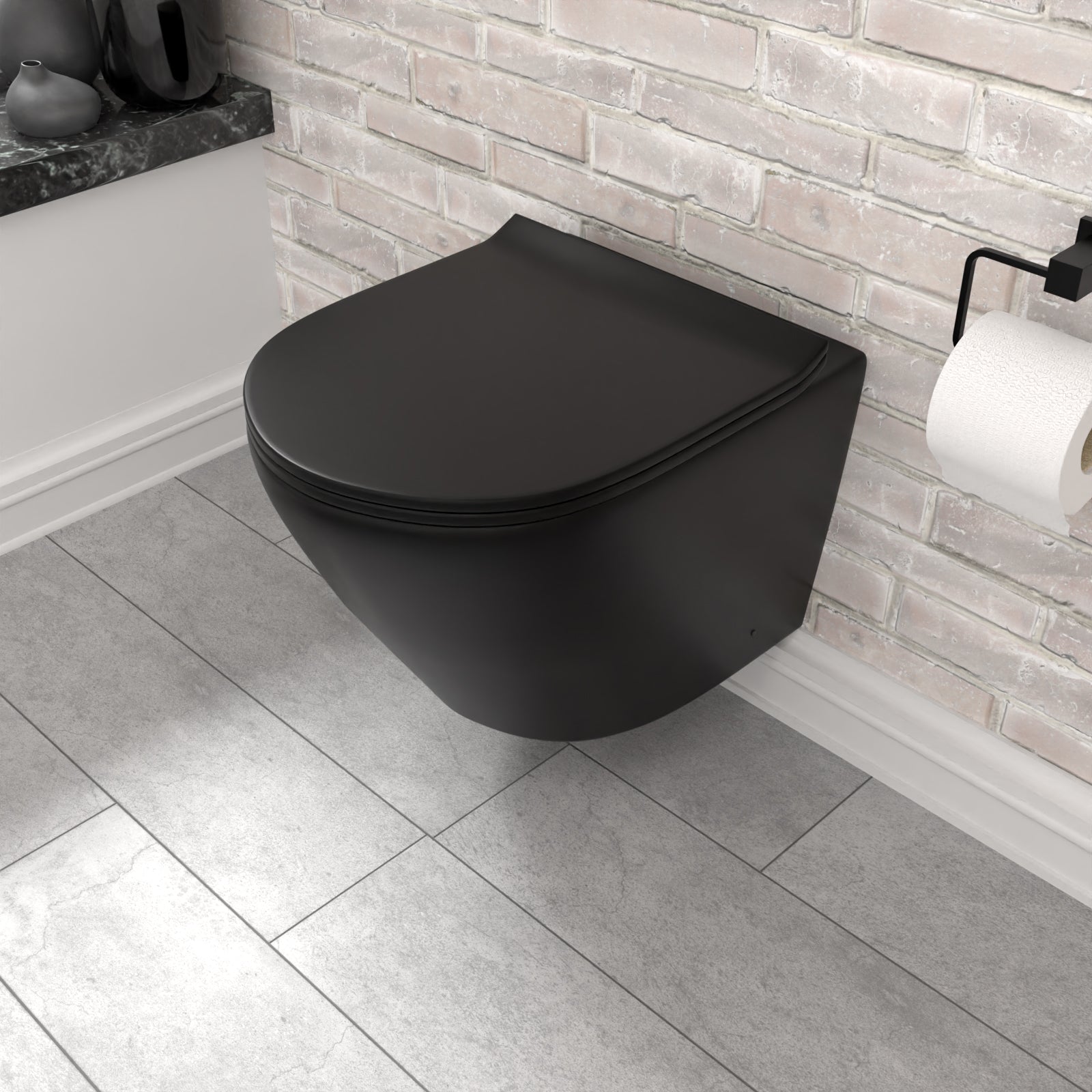 Round Rimless Wall Hung Toilet Pan & Soft Close Seat Matte Black