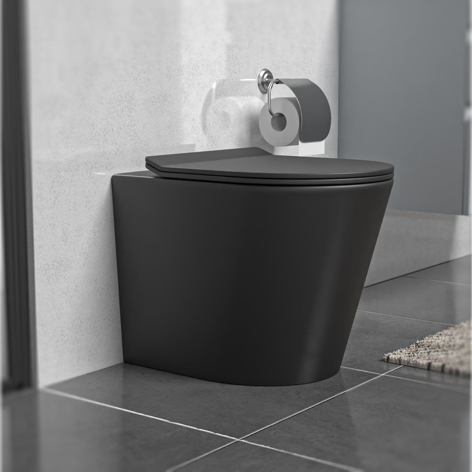 Rimless Round Back To Wall Toilet Pan & Soft Close Seat Matte Black