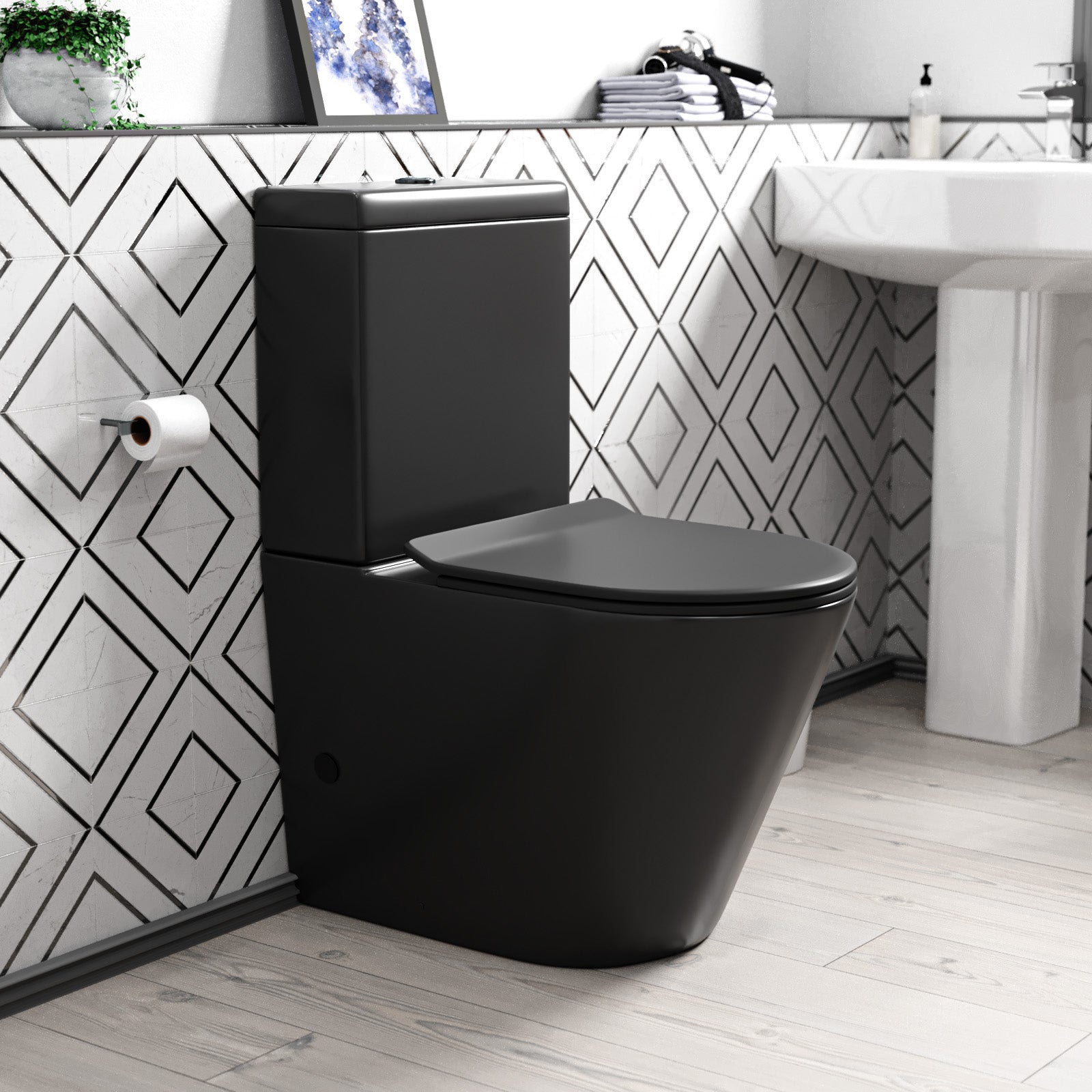 Rimless Round Close Coupled Toilet Pan, Cistern & Seat Matt Black