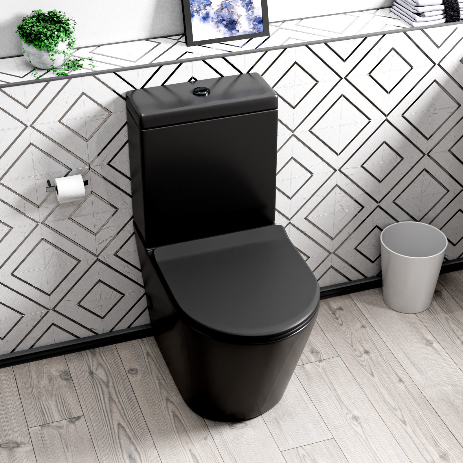 Rimless Round Close Coupled Toilet Pan, Cistern & Seat Matt Black