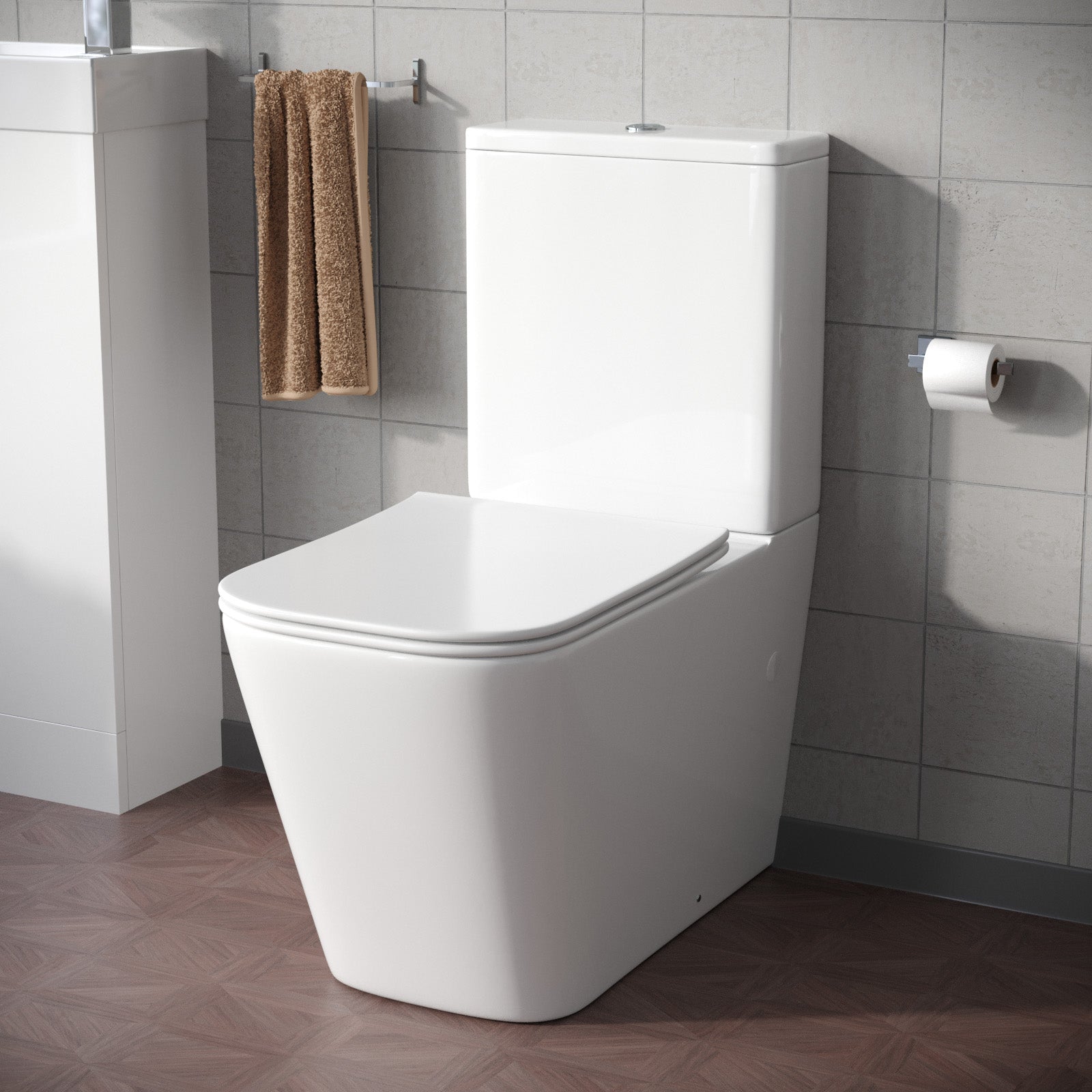 Square Rimless Close Coupled Toilet, Cistern And Soft Close Toilet Seat