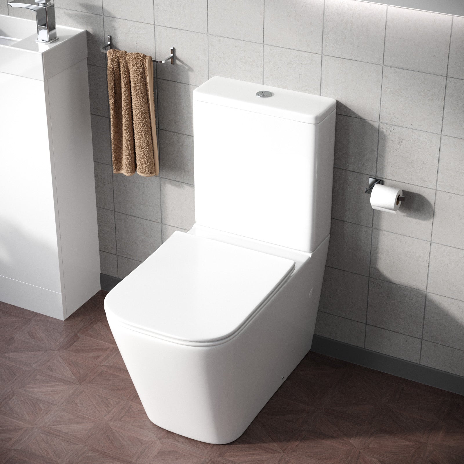 Square Rimless Close Coupled Toilet, Cistern And Soft Close Toilet Seat