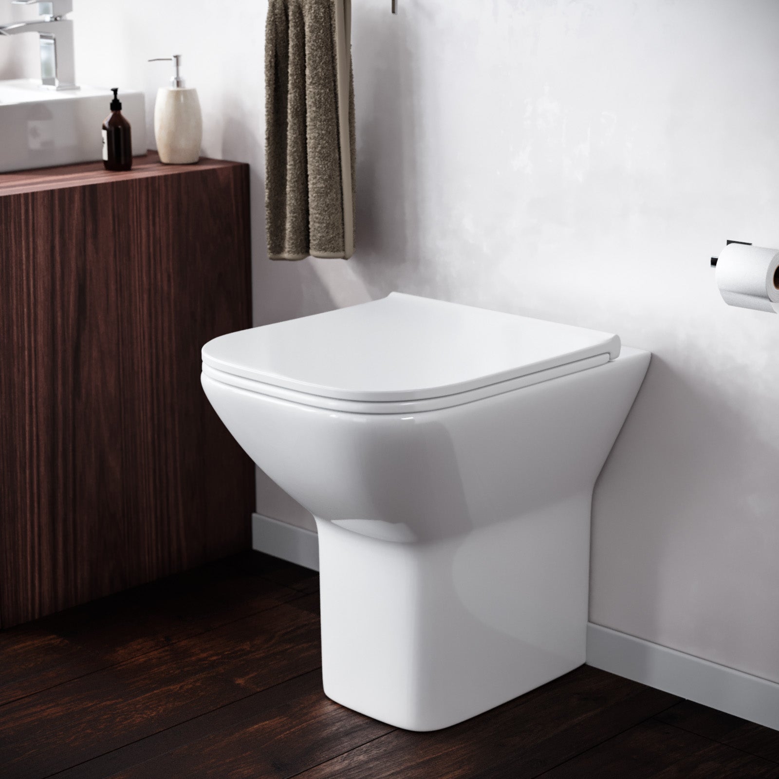 Keswick Contemporary Back to Wall Rimless Comfort Height Toilet and Soft Close Seat White Bathroom