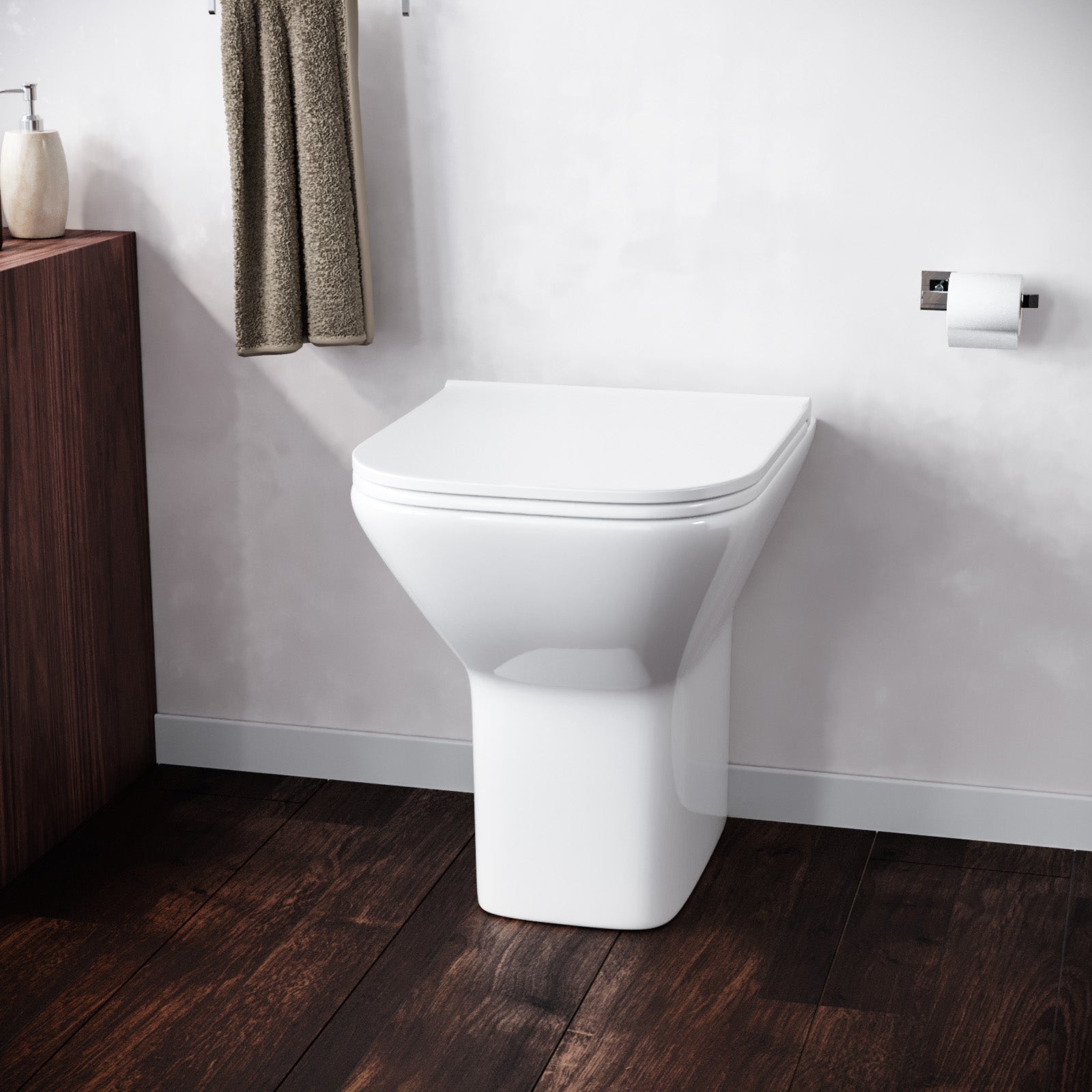 Keswick Contemporary Back to Wall Rimless Comfort Height Toilet and Soft Close Seat White Bathroom