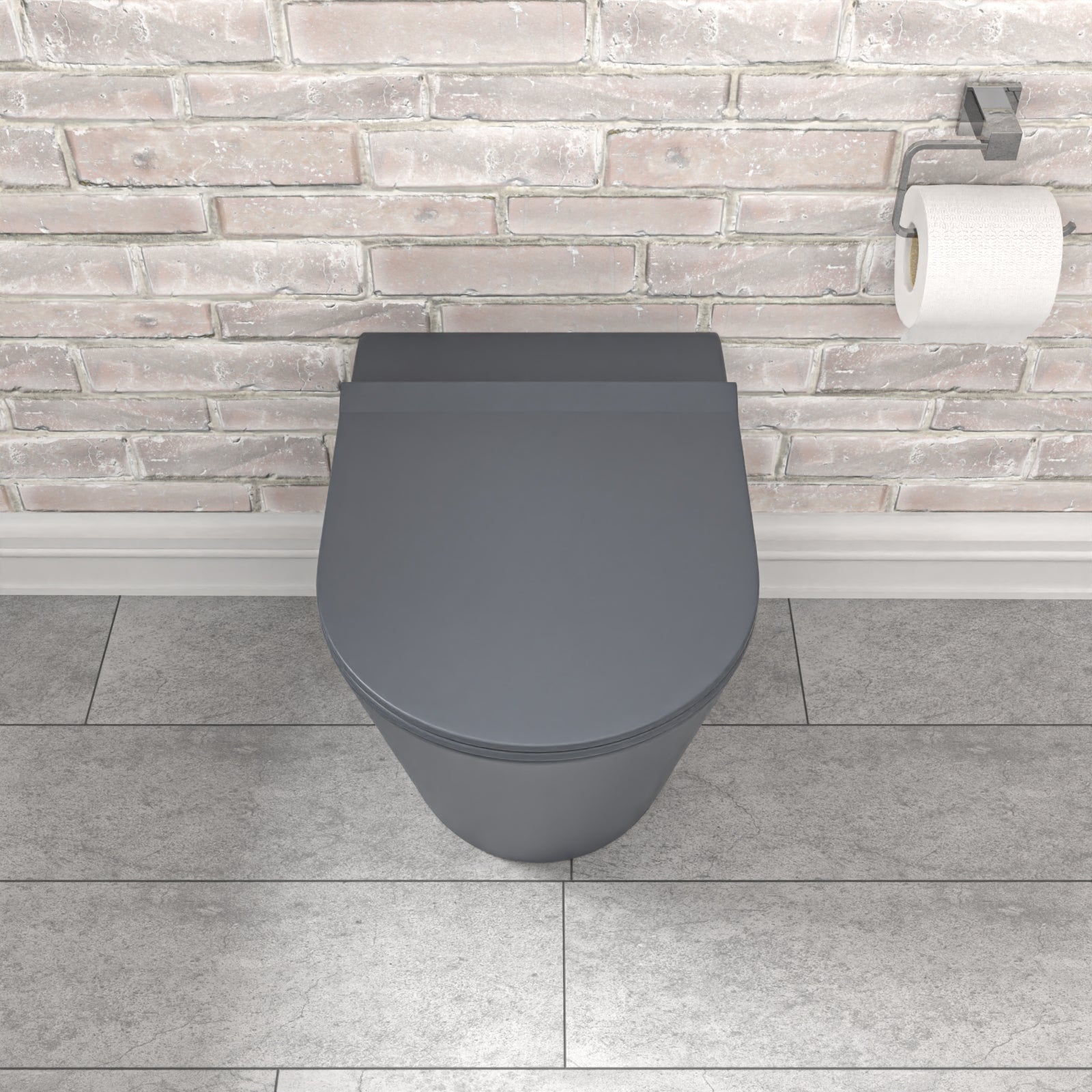 Dark Grey Rimless Round Back to Wall Toilet with Soft Close Seat