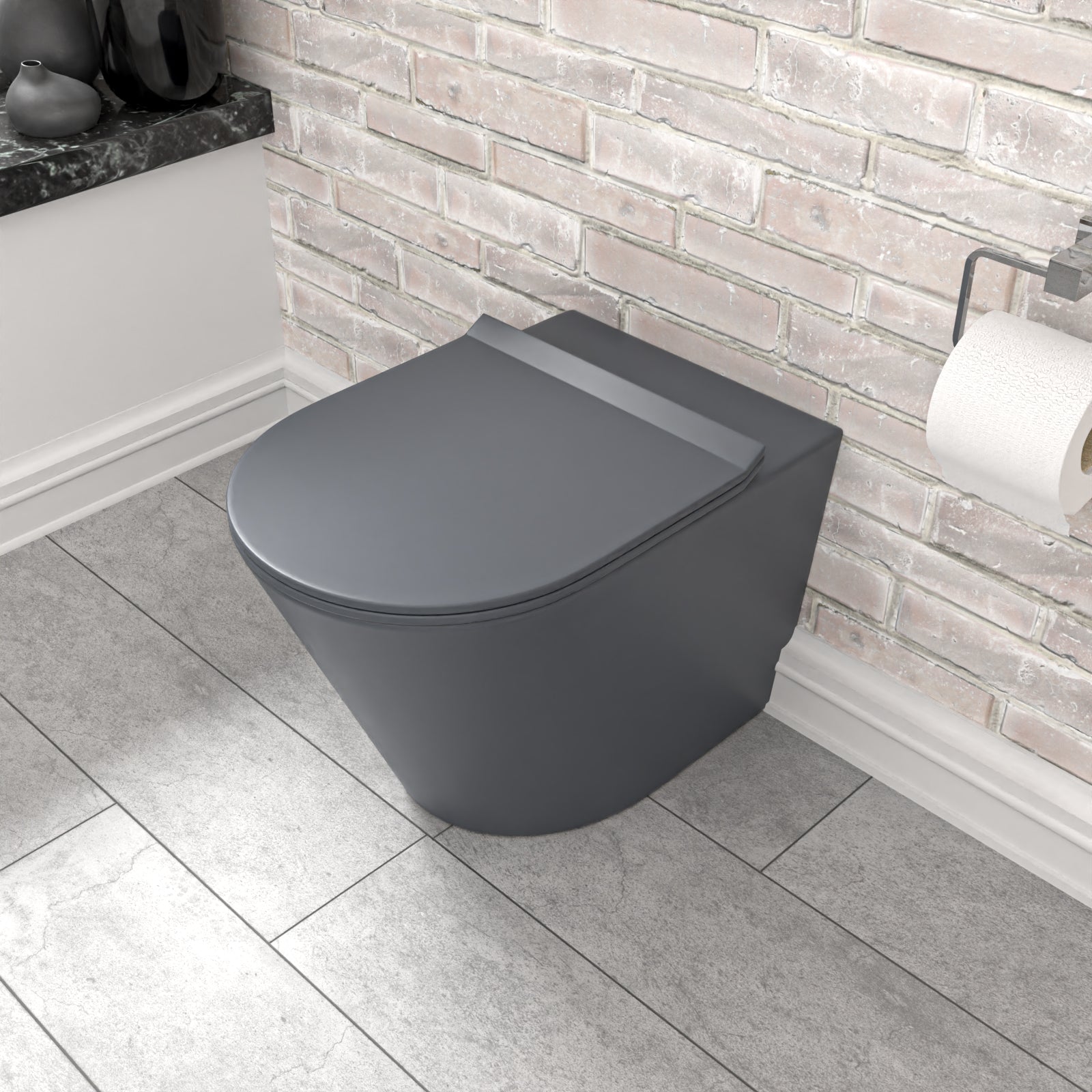 Dark Grey Rimless Round Back to Wall Toilet with Soft Close Seat