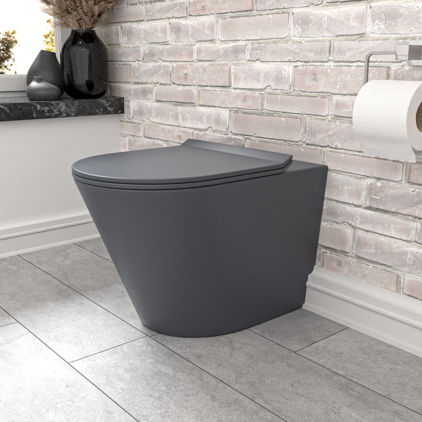 Dark Grey Rimless Round Back to Wall Toilet with Soft Close Seat