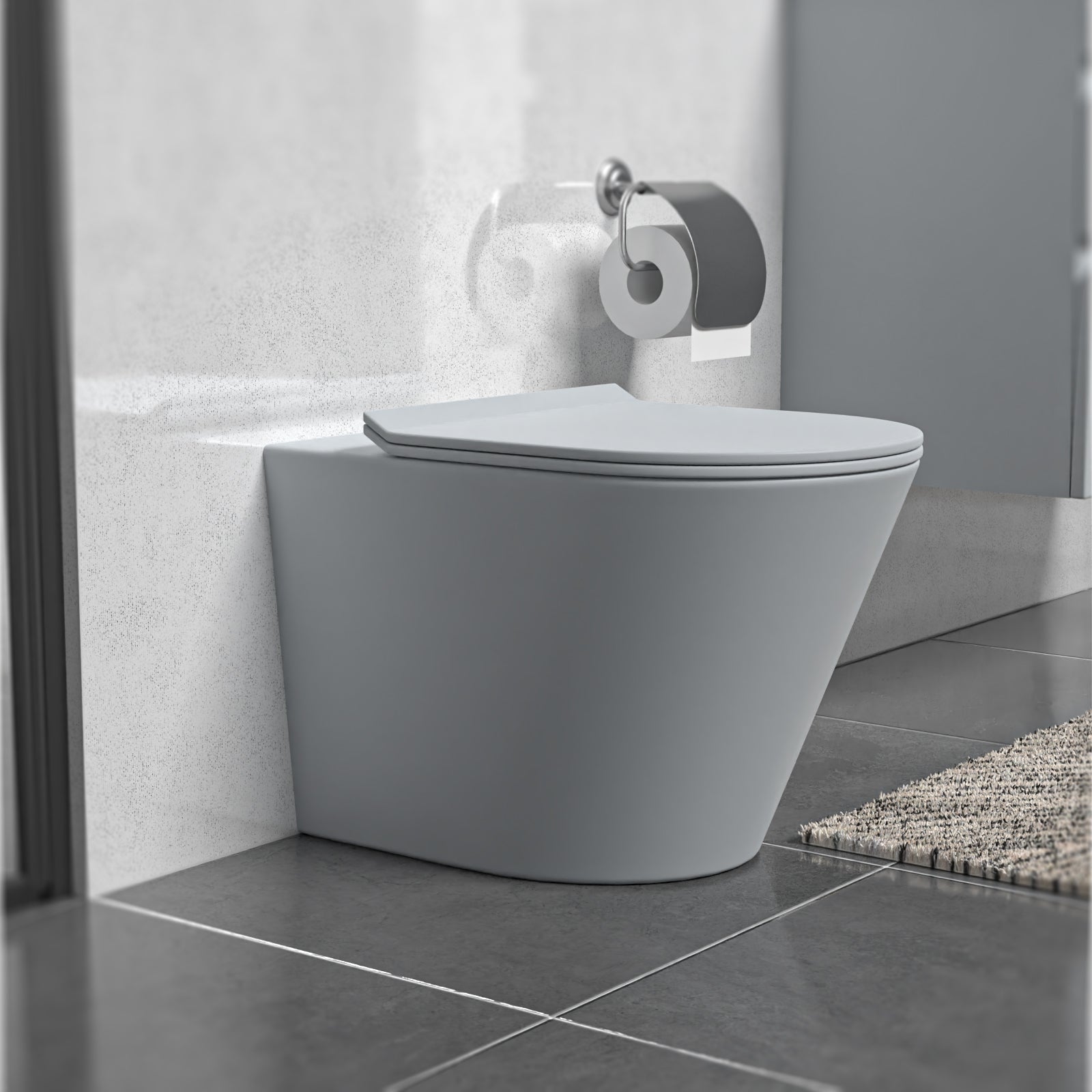 Matte Grey Rimless Round Back to Wall Toilet with Soft Close Seat