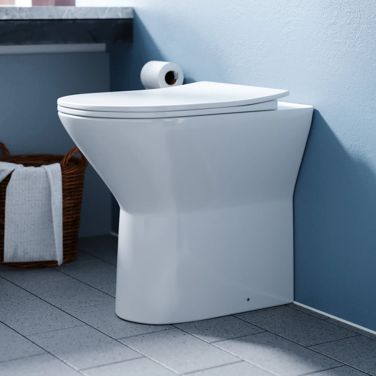 White Comfort Height Round Rimless Soft Close Back To Wall Toilet