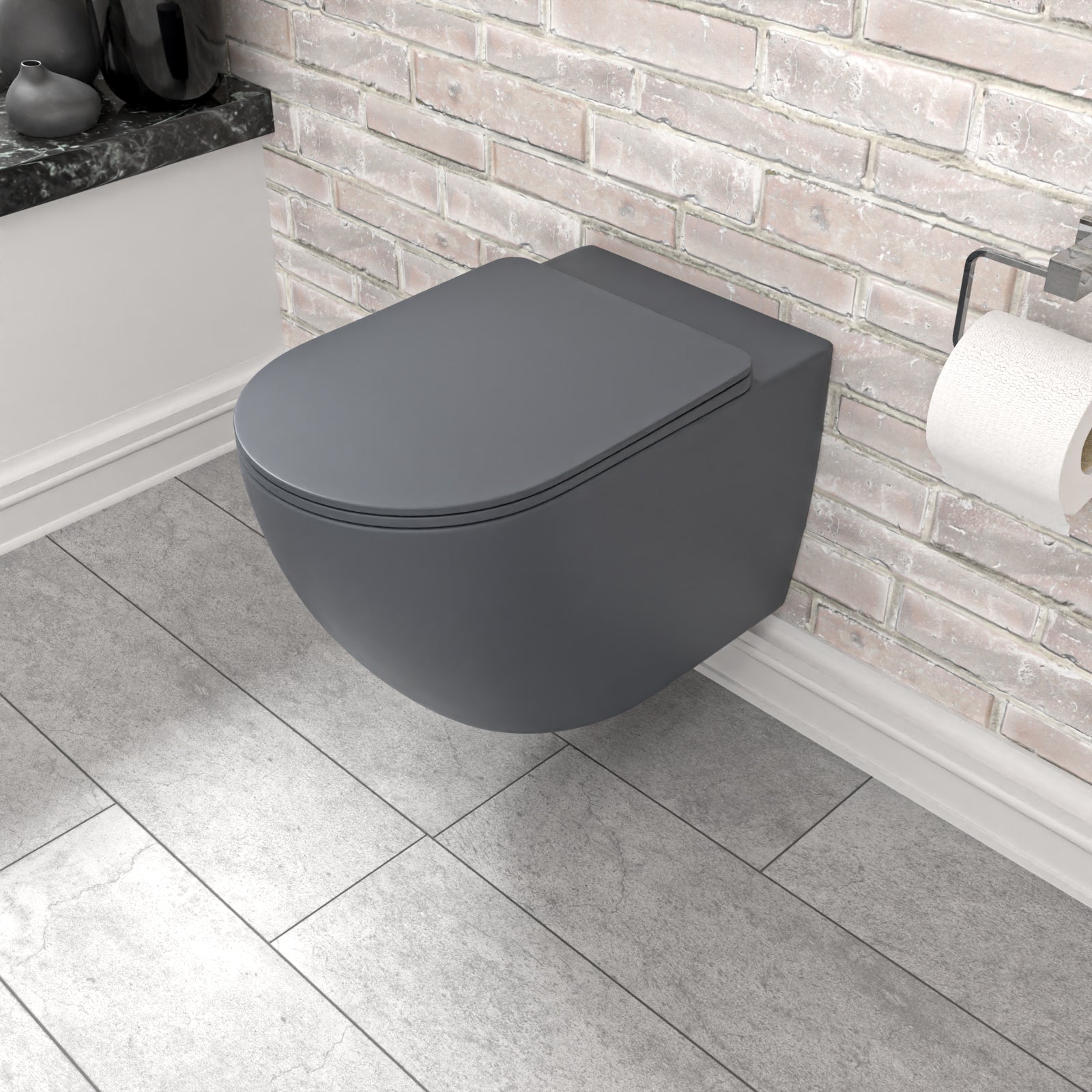 Tornado Flush Dark Grey Wall Hung Rimless Toilet With Soft Close Seat