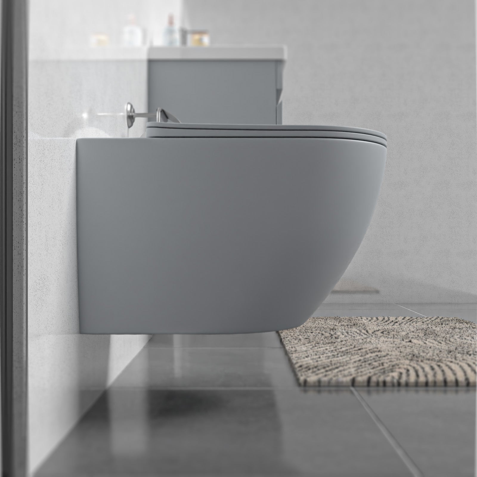 Tornado Flush Round Matte Grey Wall Hung Rimless Toilet With Soft Close Seat