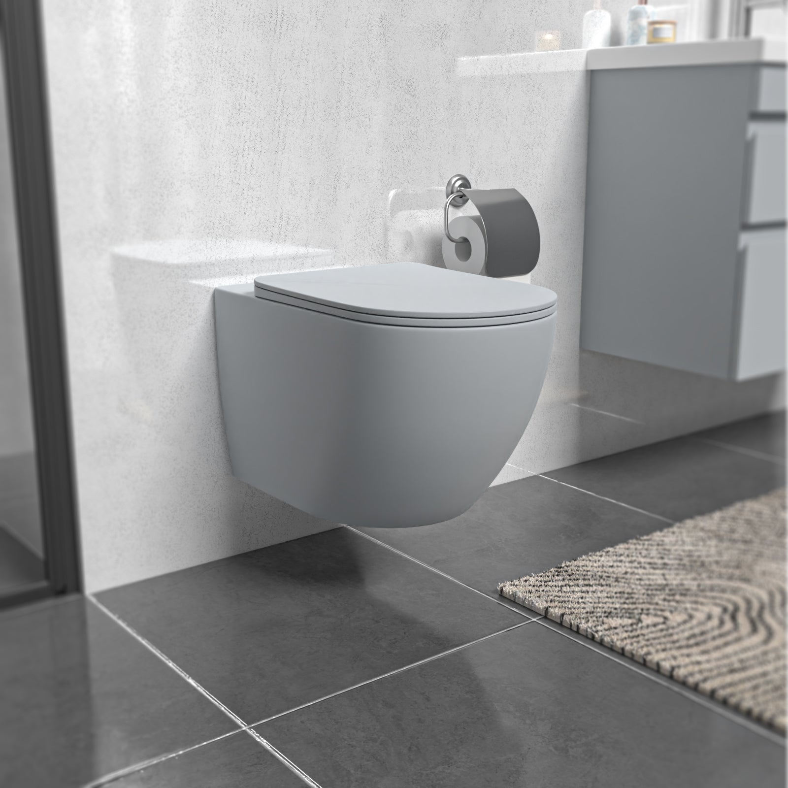 Tornado Flush Round Matte Grey Wall Hung Rimless Toilet With Soft Close Seat