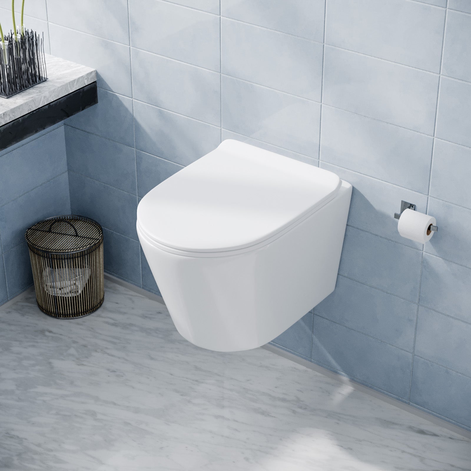 Tornado Flush White Round Wall Hung Rimless Toilet Pan with Slim Seat