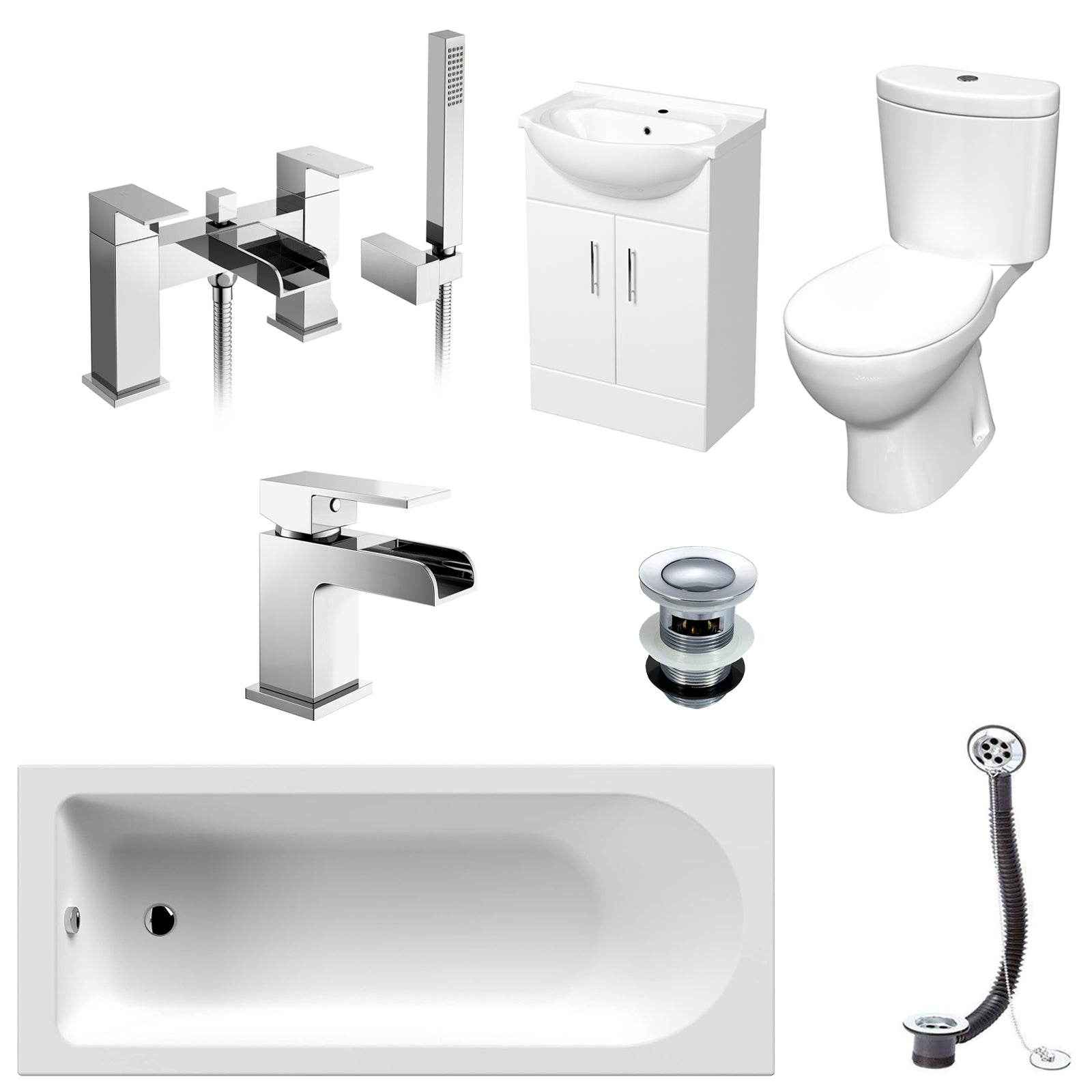 Facilities of bathroom fixtures including a bathtub, sink, toilet, bathtub mixer tap, shower head, faucet, basin waste, bath waste and overflow with poly plug and ball chain on a white background.