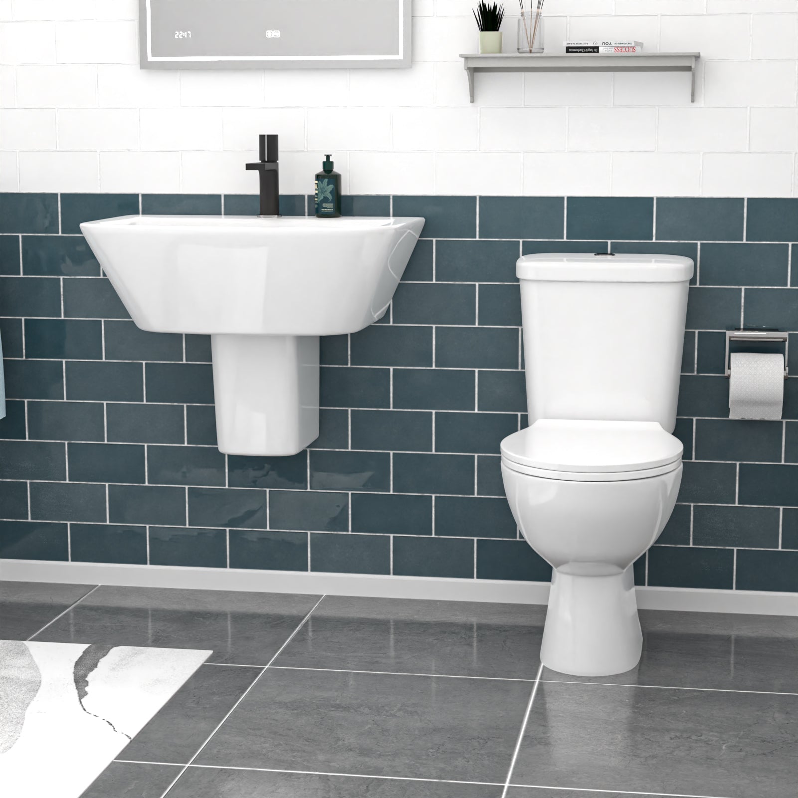 550mm Semi Pedestal Basin Wall Hung White & Close Coupled Toilet