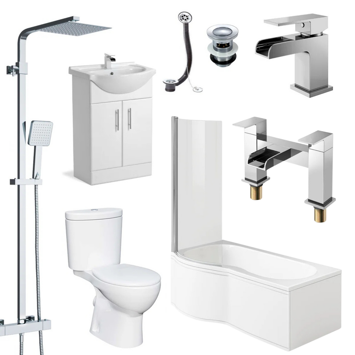 Senore 1700mm LH P-Shaped Bath with Screen & Front Panel, 550mm Basin Vanity Unit & Close Coupled Toilet - Set with Chrome Fittings