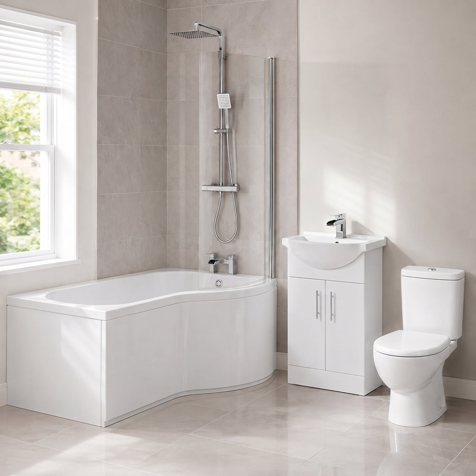 Senore 1700mm P-Shaped Bath with Screen & Front Panel, 550mm Basin Vanity Unit & Close Coupled Toilet - Set with Chrome Fittings