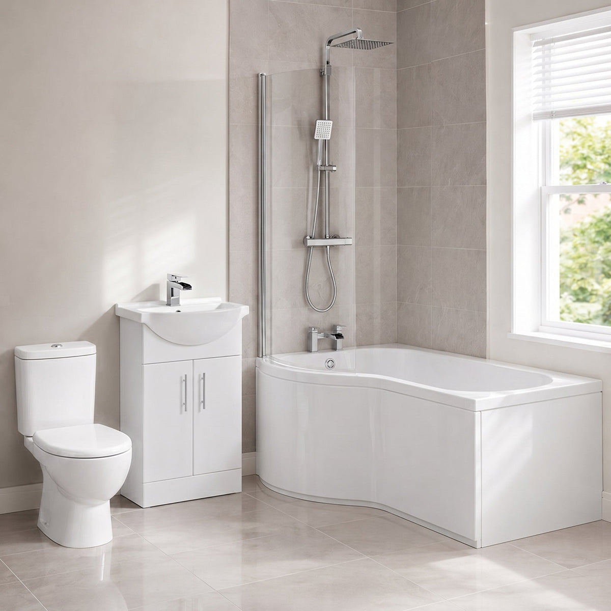 Senore 1700mm LH P-Shaped Bath with Screen & Front Panel, 550mm Basin Vanity Unit & Close Coupled Toilet - Set with Chrome Fittings