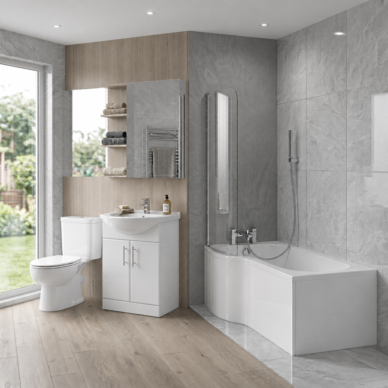 Senore Chrome Complete Bathroom Suite with P-Shaped Bath & Vanity Unit - 1700mm Left Hand