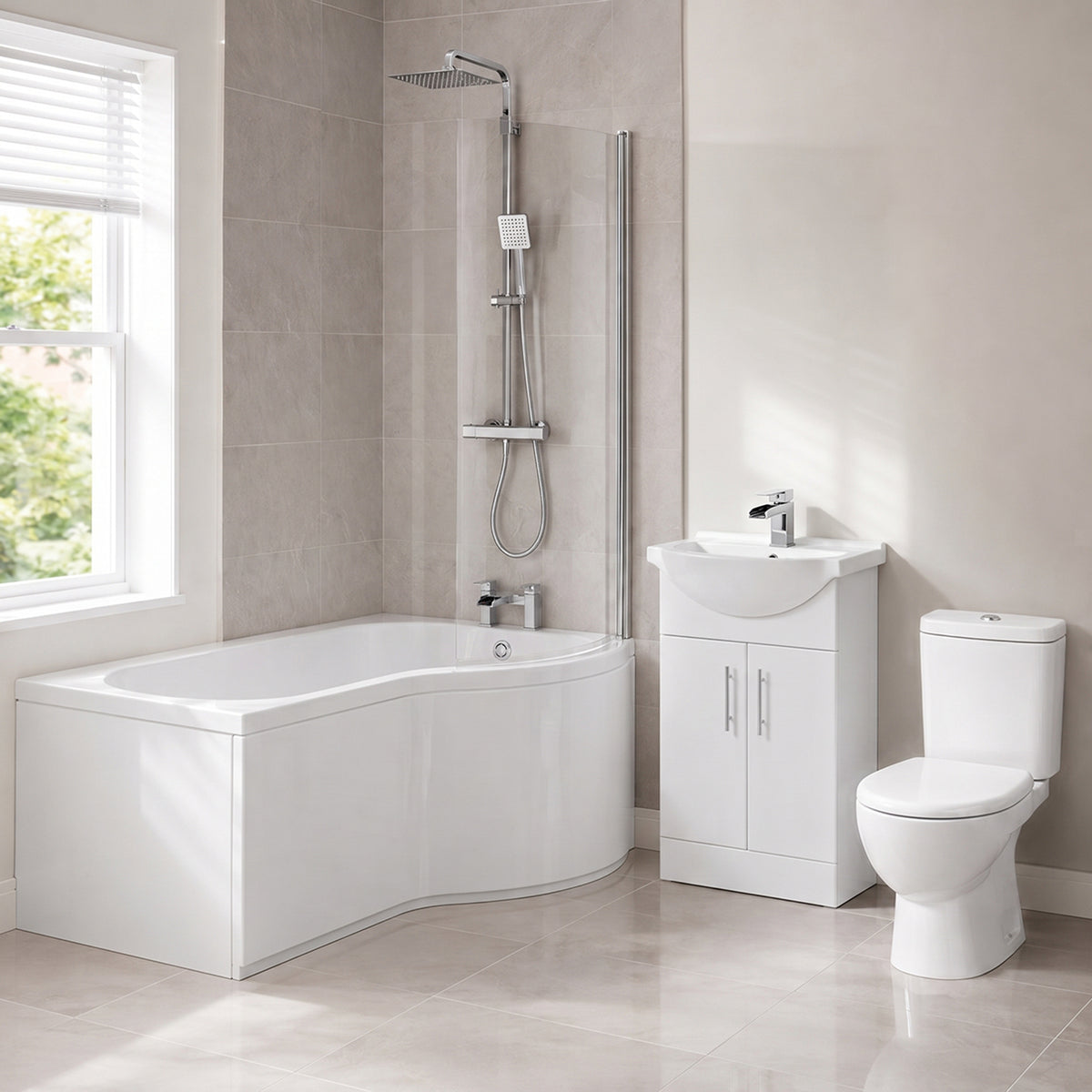 Senore 1700mm RH P-Shaped Bath with Screen & Front Panel, 550mm Basin Vanity Unit & Close Coupled Toilet - Set with Chrome Fittings