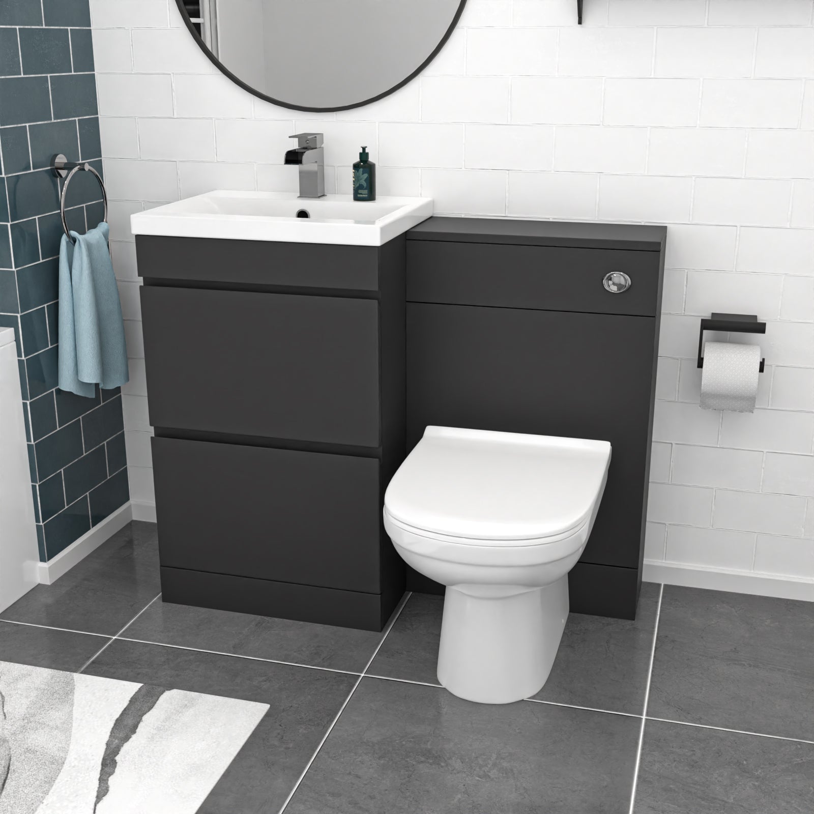 Alaska Dark Grey 500mm PVC 2 Drawers Vanity WC Unit BTW Toilet and Bath Set