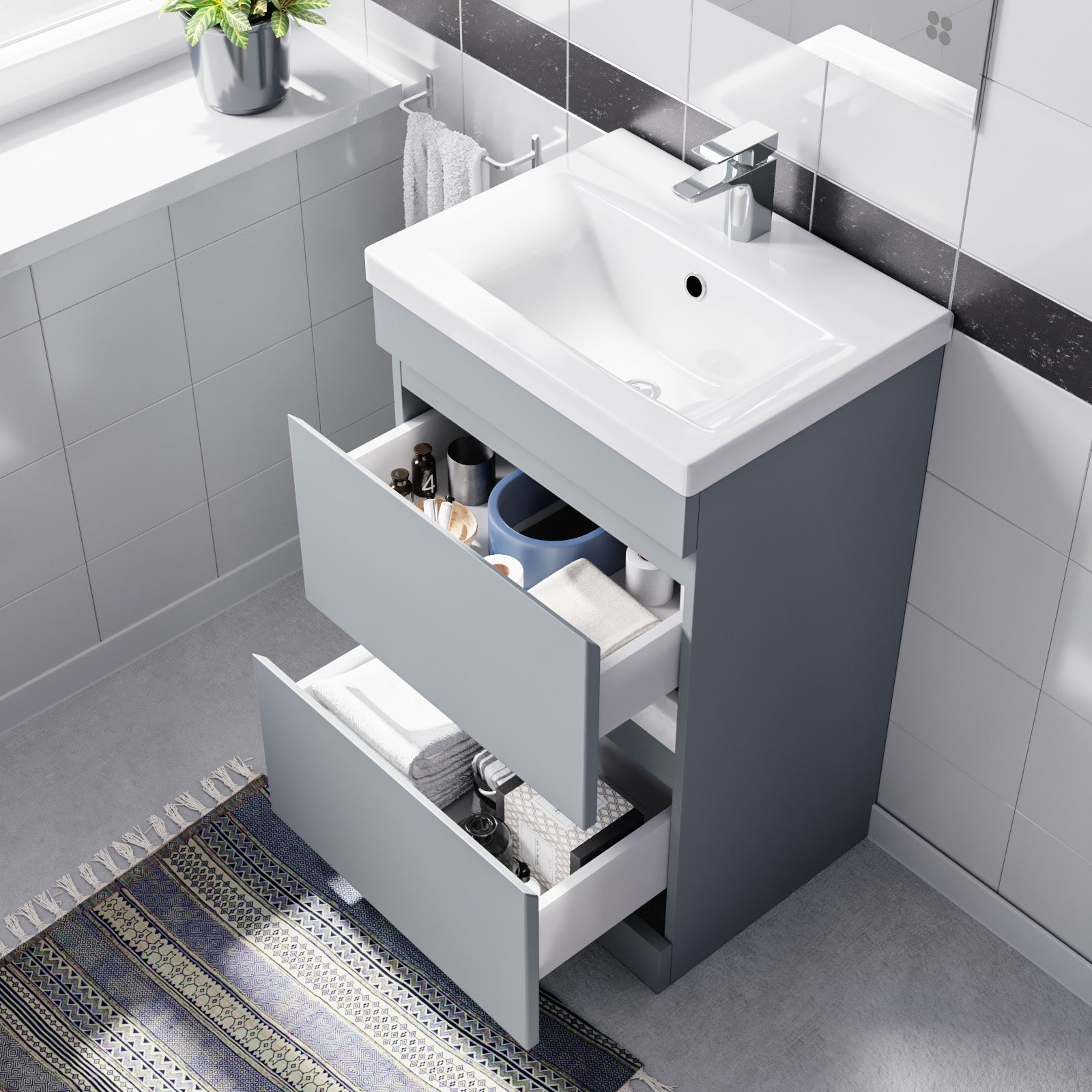 Alaska Floorstanding Matte Grey 500mm PVC 2 Drawers Vanity Unit & Basin Sink