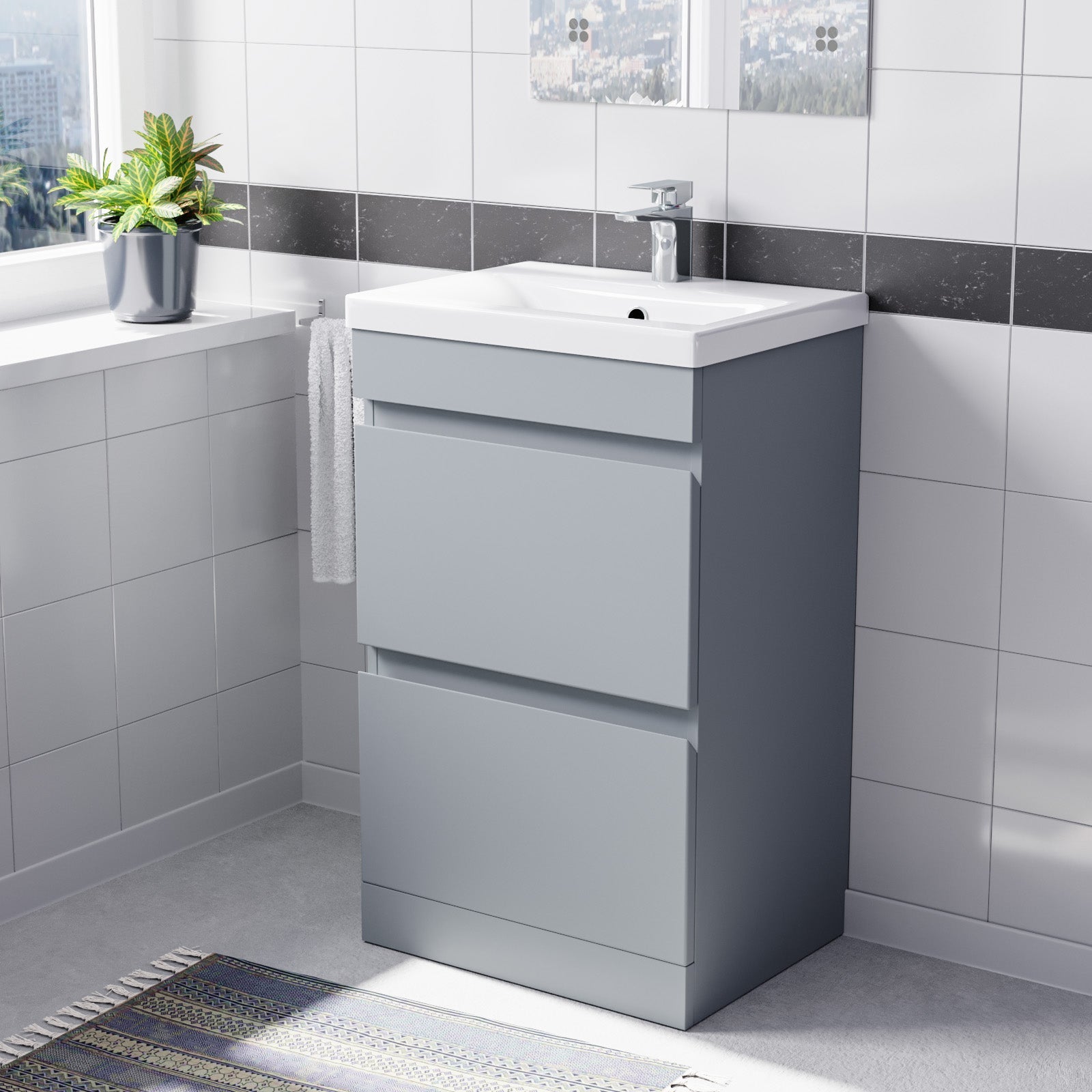 Alaska Floorstanding Matte Grey 500mm PVC 2 Drawers Vanity Unit & Basin Sink
