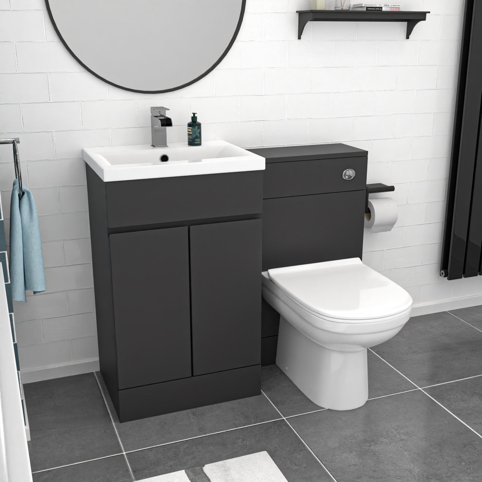Alaska Dark Grey 500mm PVC 2 Doors Vanity WC Unit BTW Toilet and Bath Set