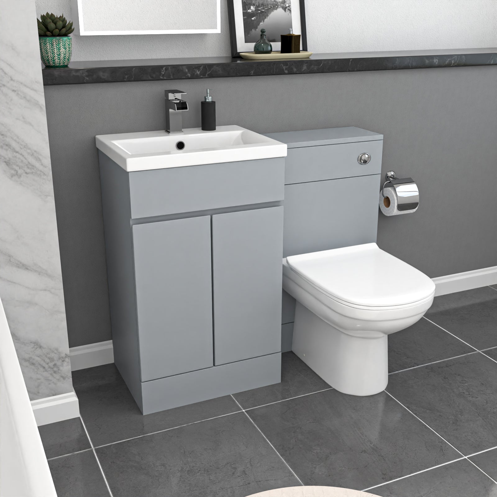 Alaska Matte Grey 500mm PVC 2 Doors Vanity WC Unit BTW Toilet and Bath Set