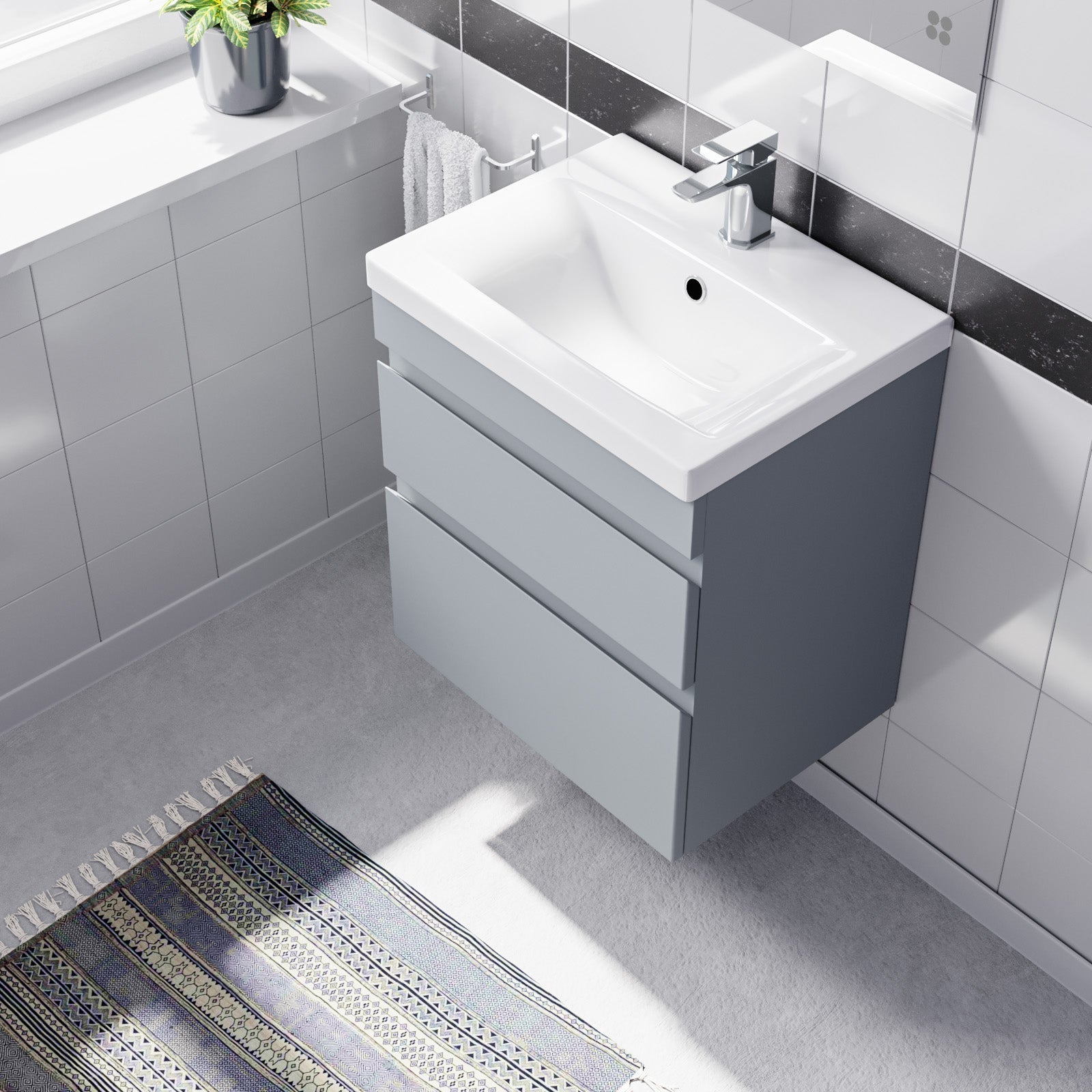 Alaska Wall Hung Matte Grey 500mm PVC 2 Drawers Vanity Unit & Basin Sink