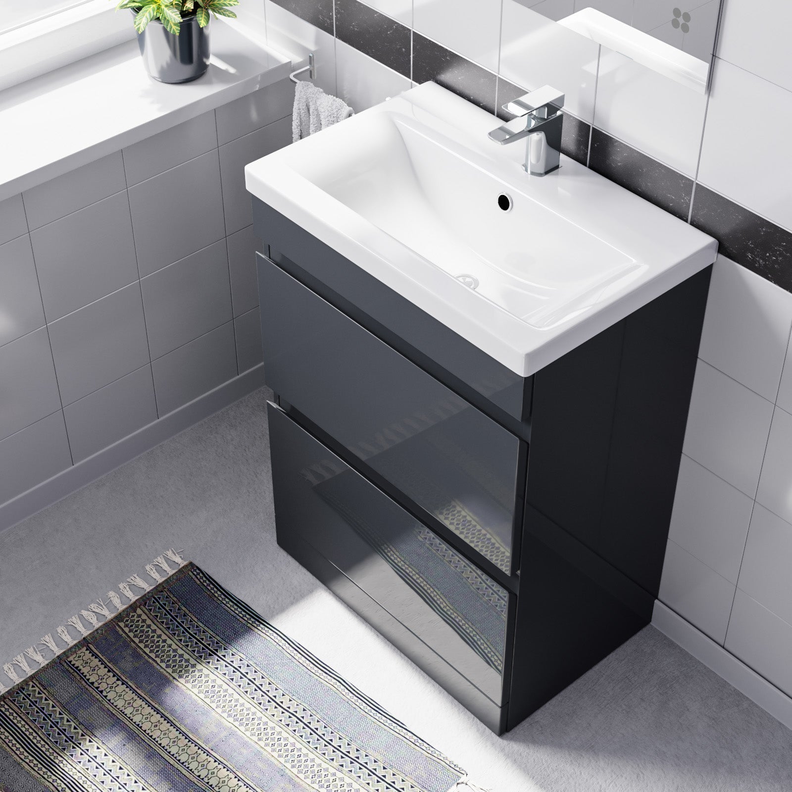 Alaska 600mm PVC 2 Drawer Dark Grey Floorstanding Vanity Cabinet and Basin