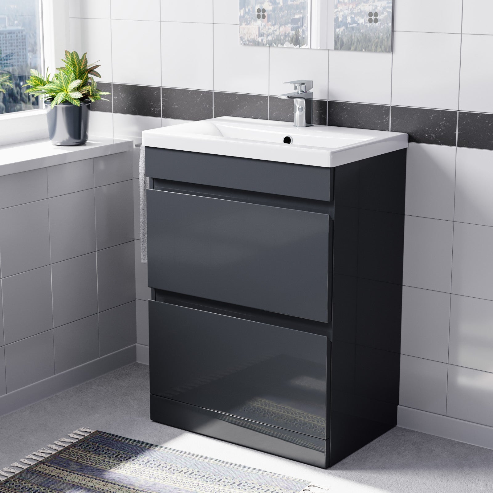 Alaska 600mm PVC 2 Drawer Dark Grey Floorstanding Vanity Cabinet and Basin