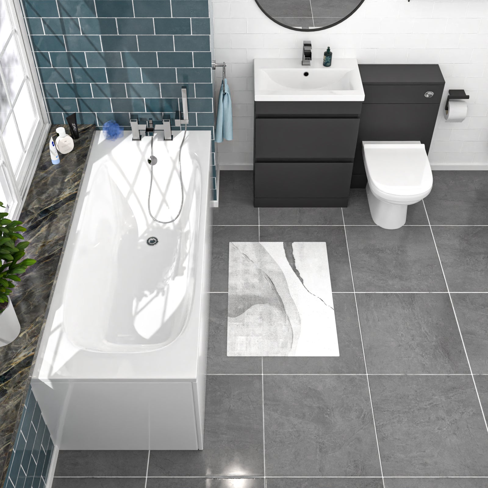 Alaska Dark Grey 600mm PVC 2 Drawers Vanity WC Unit BTW Toilet and Bath Set