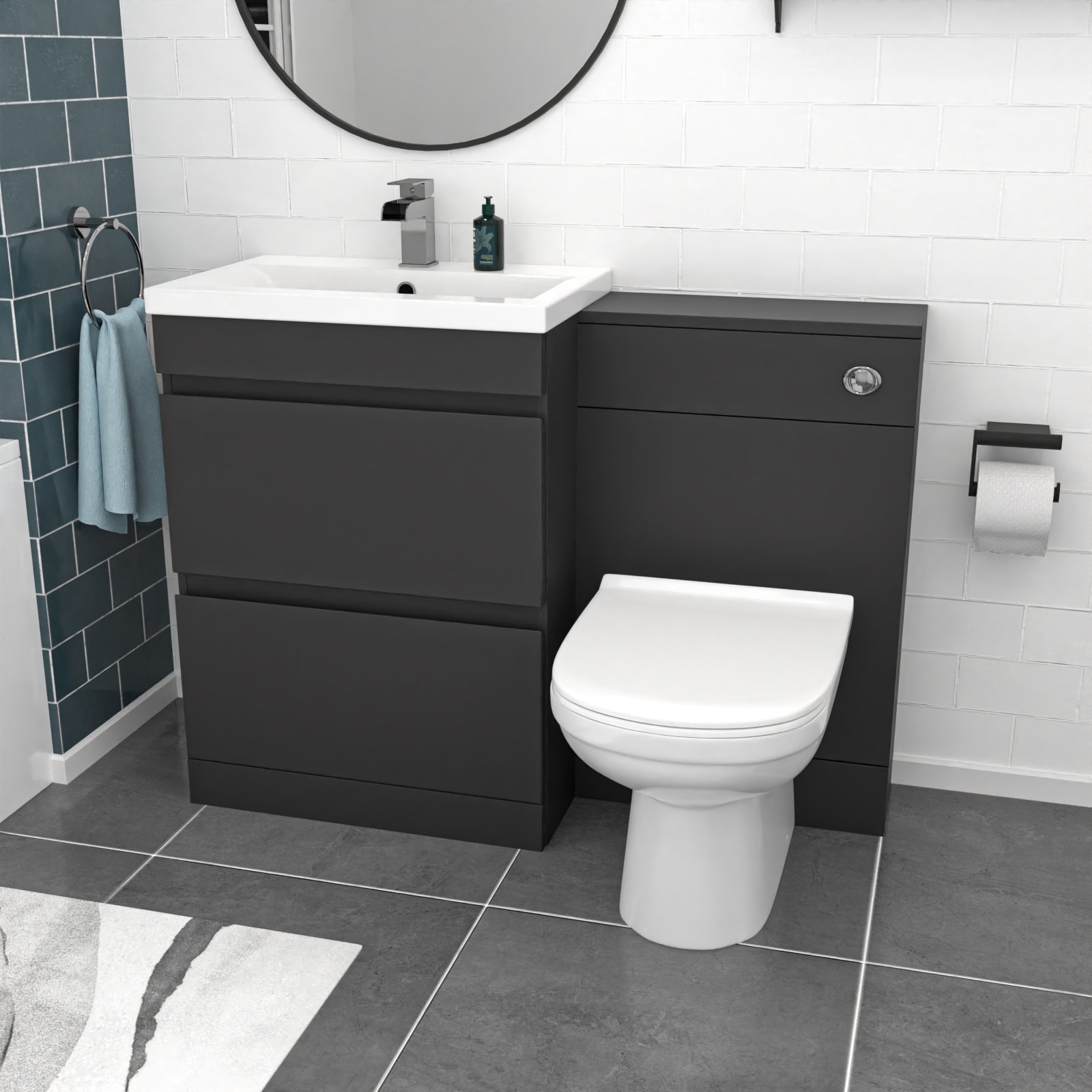 Alaska Dark Grey 600mm PVC 2 Drawers Vanity WC Unit BTW Toilet and Bath Set