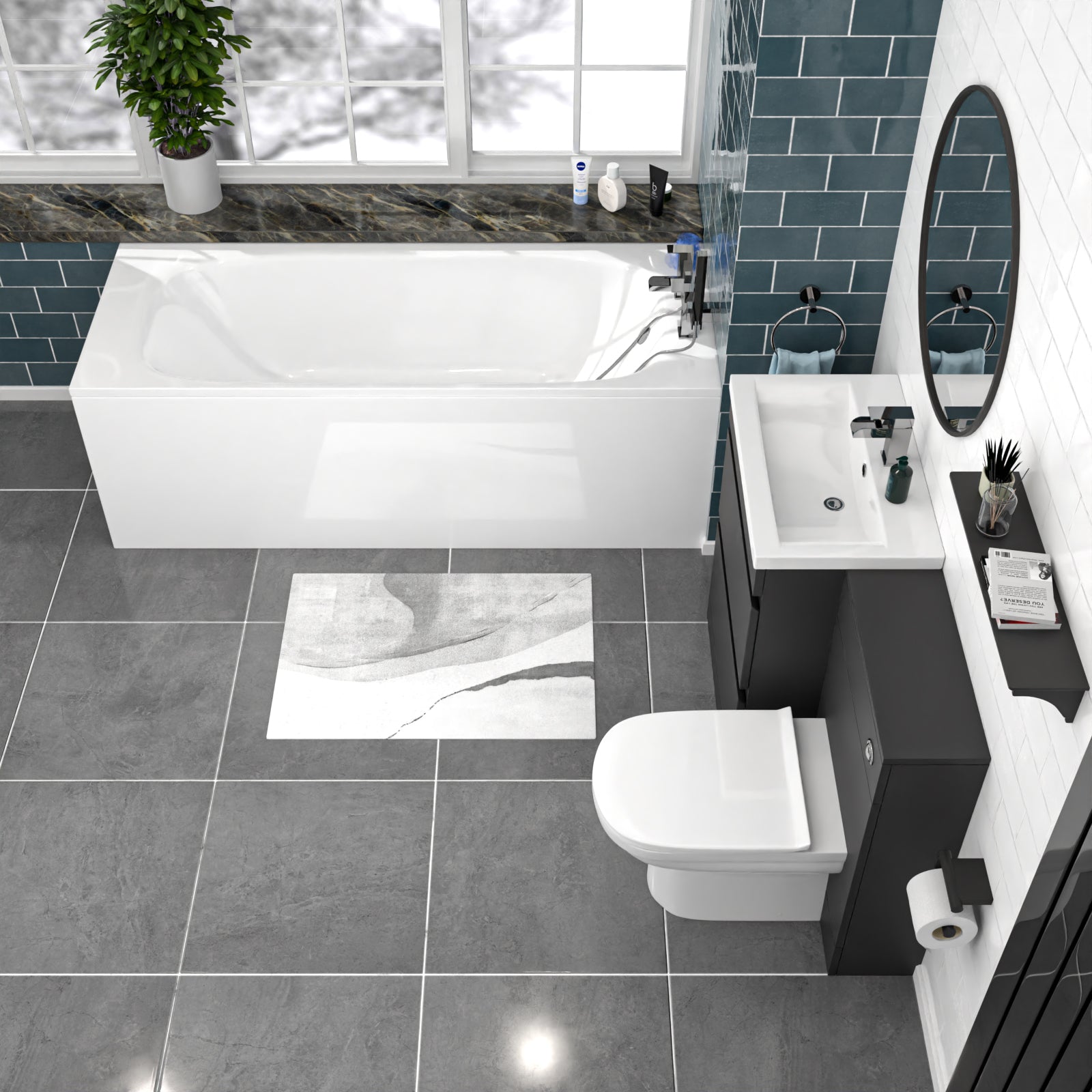 Alaska Dark Grey 600mm PVC 2 Drawers Vanity WC Unit BTW Toilet and Bath Set