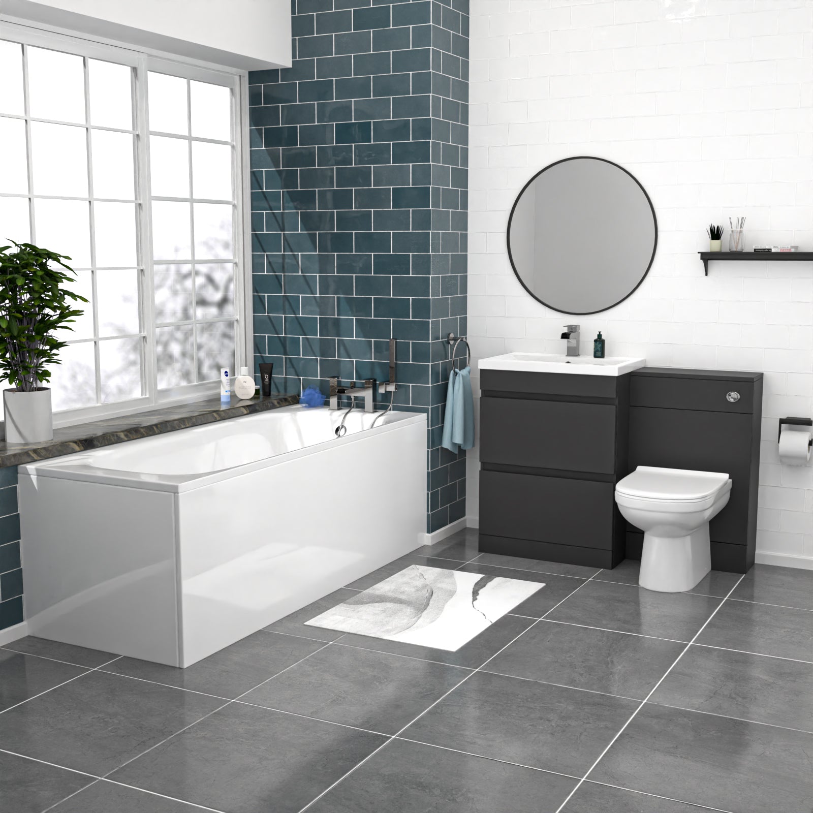 Alaska Dark Grey 600mm PVC 2 Drawers Vanity WC Unit BTW Toilet and Bath Set