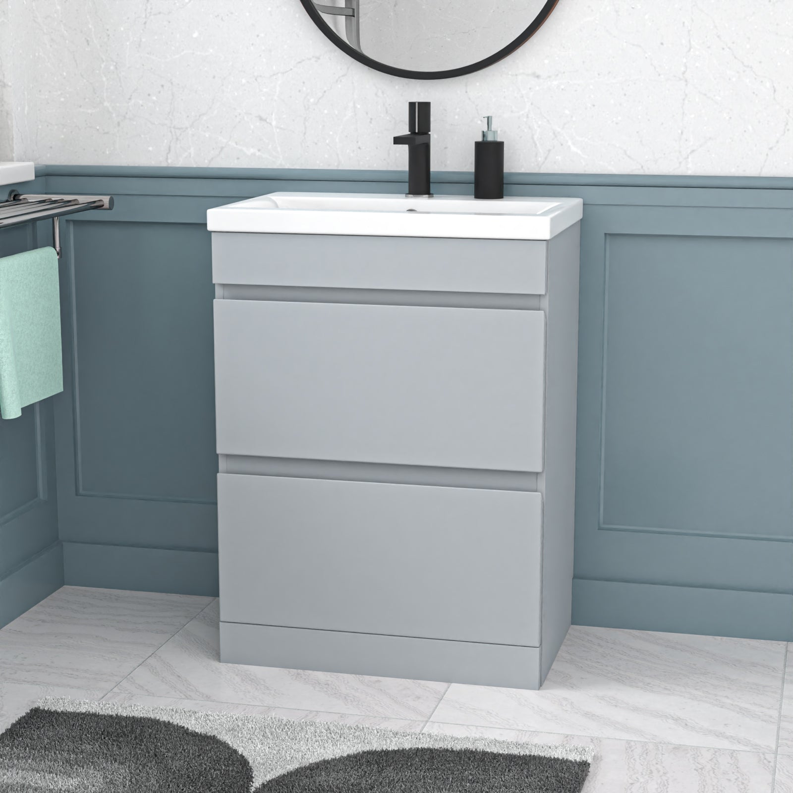 Bathroom vanity with sink and mirror in a room with blue paneling.