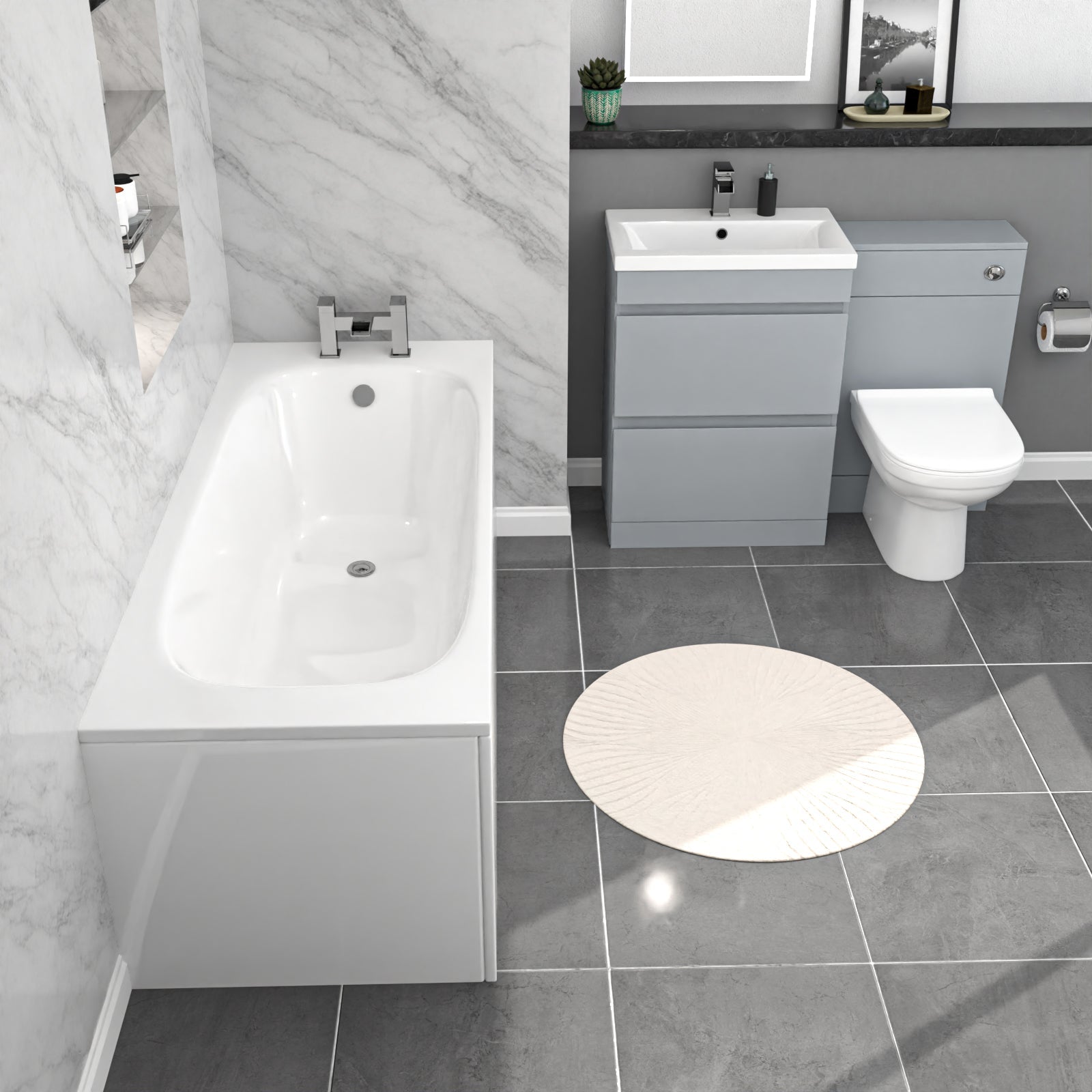 Alaska Matte Grey 600mm PVC 2 Drawers Vanity WC Unit BTW Toilet and Bath Set