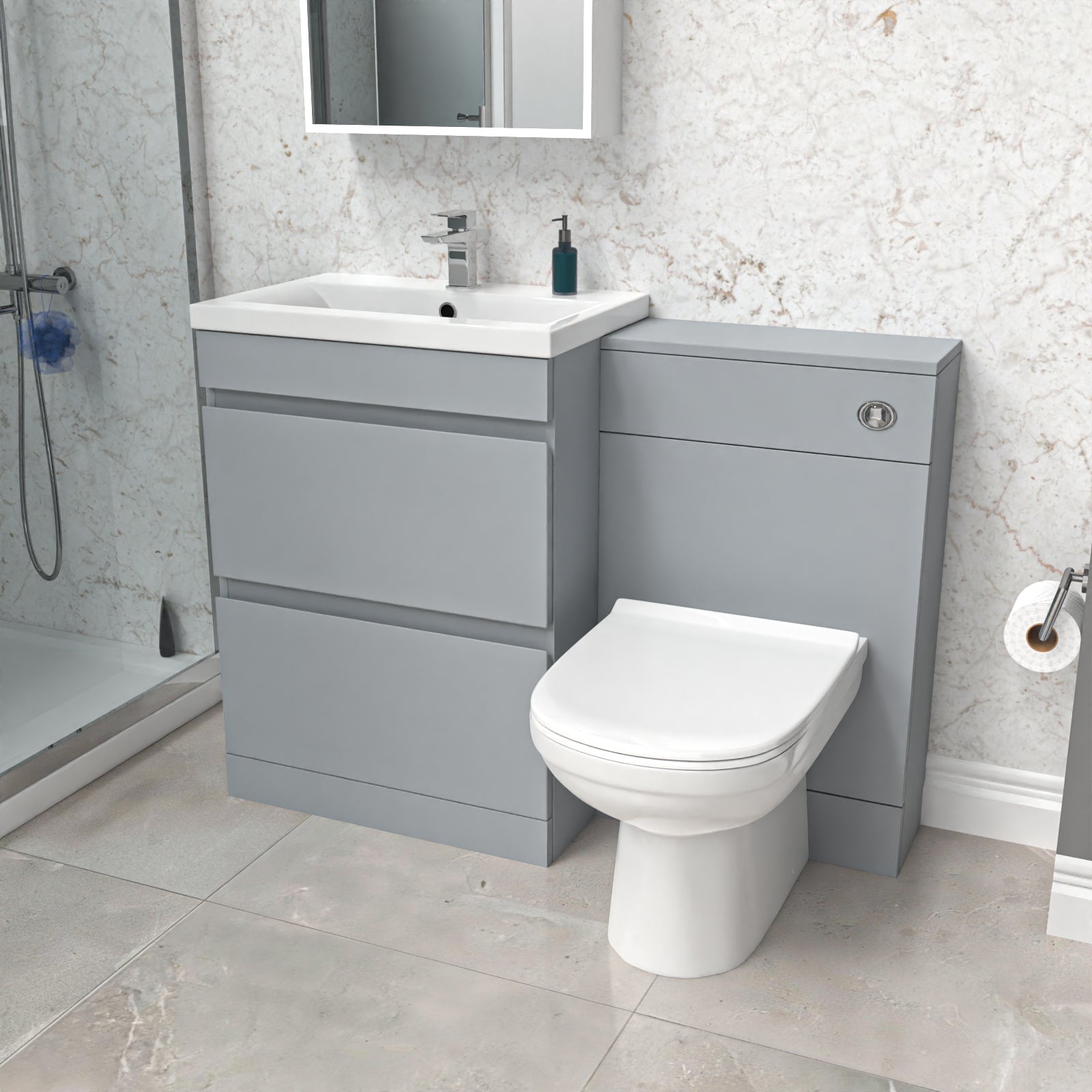 Alaska Matte Grey Freestanding PVC 600mm 2 Drawers Vanity & WC Unit & BTW Toilet