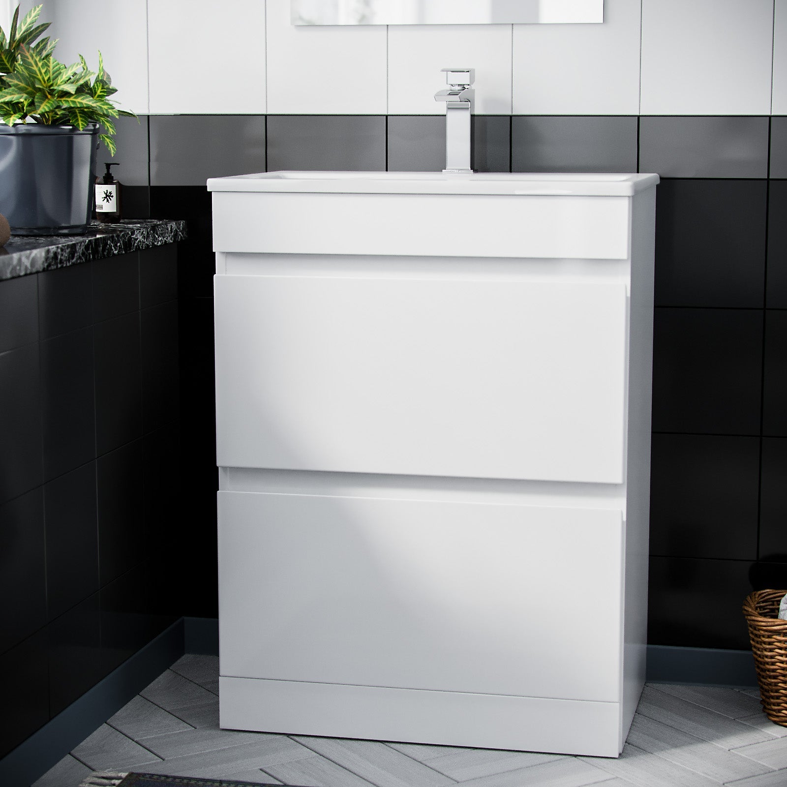 Alaska White 600mm PVC 2 Drawer Vanity Cabinet & Slim Basin Sink Floor Standing