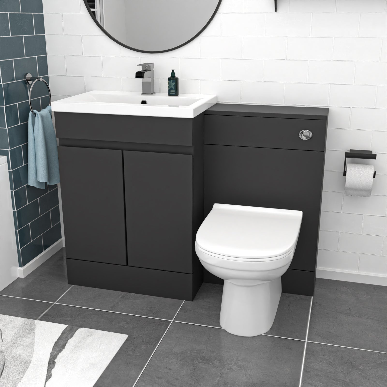 Alaska Dark Grey 600mm PVC 2 Doors Vanity WC Unit BTW Toilet and Bath Set