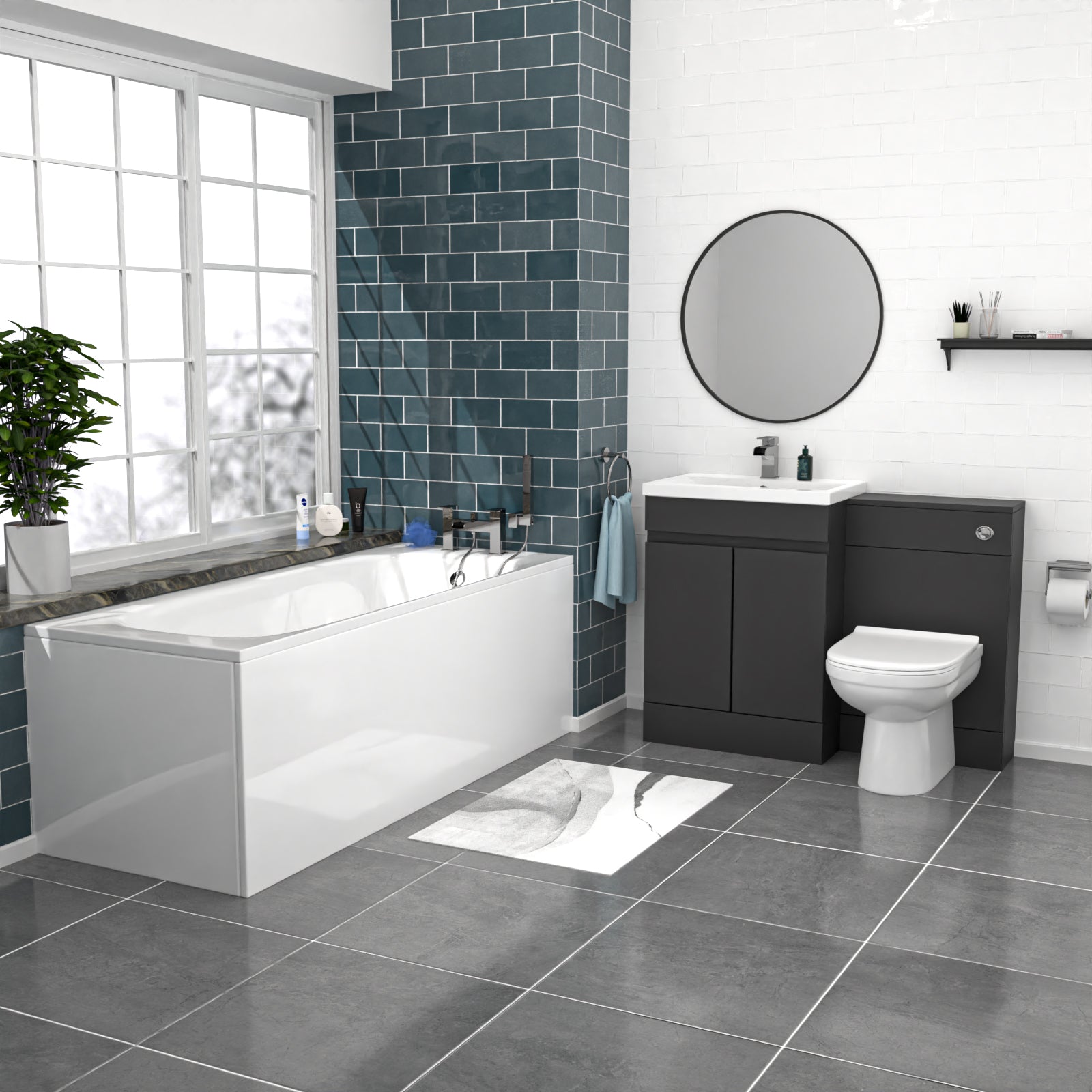 Alaska Dark Grey 600mm PVC 2 Doors Vanity WC Unit BTW Toilet and Bath Set