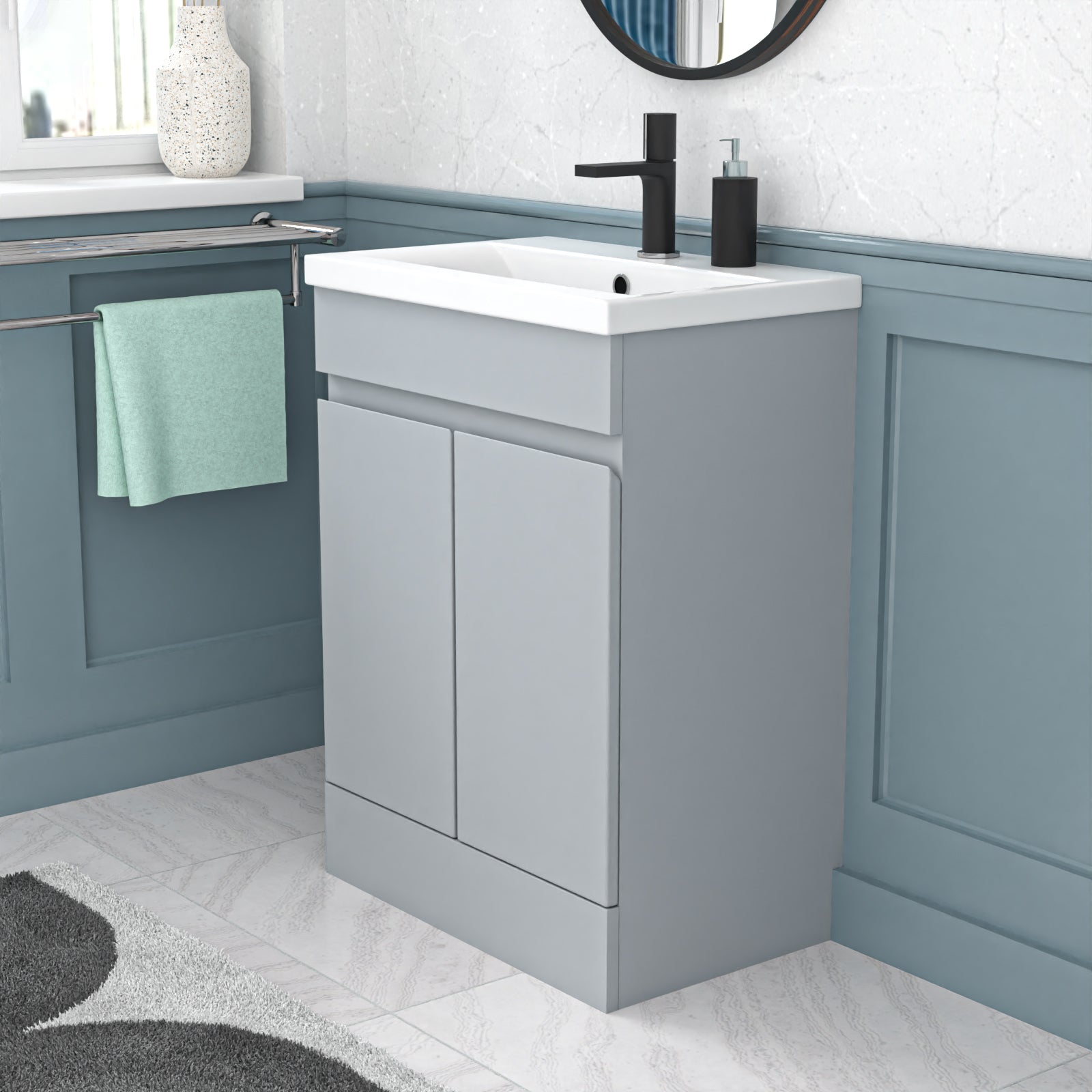 Bathroom vanity with sink and cabinet in a bathroom setting