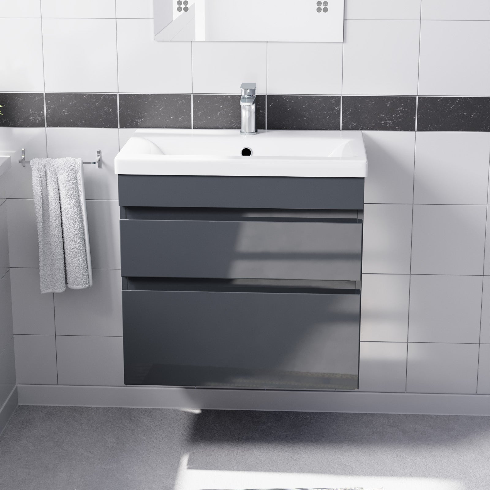 Alaska Dark Grey 600mm PVC 2 Drawer Wall Hung Vanity Cabinet & Basin Sink Unit