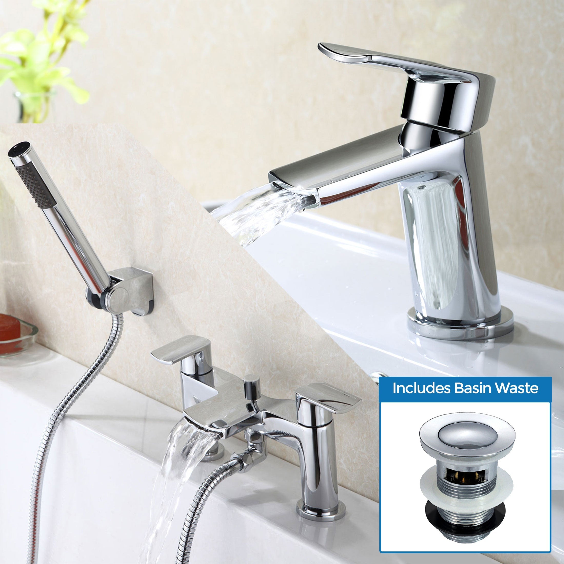 Centa Contemporary Chrome Basin Sink Mixer Tap And Bath Shower Mixer Tap With Pencil Handset Kit
