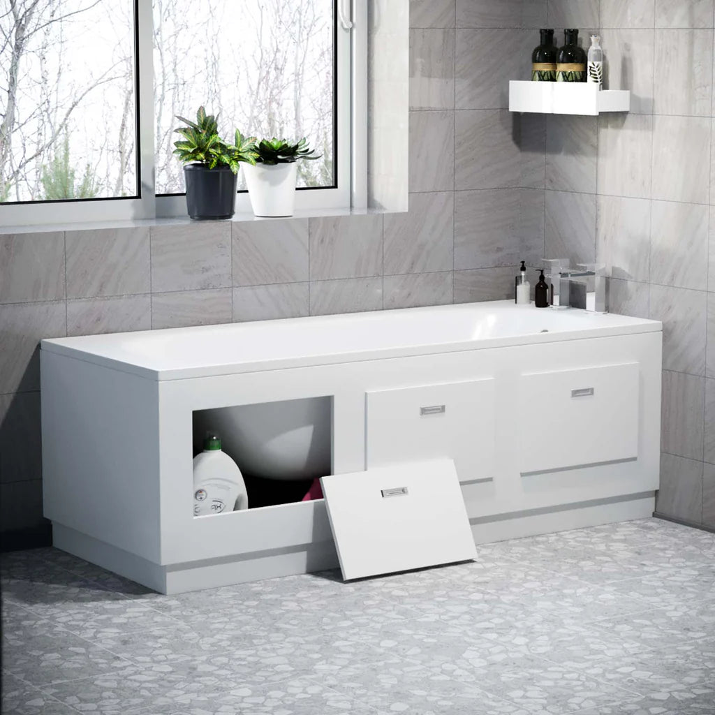 White PVC 1700mm Front & End Bath Panels with Magnetic Door - Adjustable Height