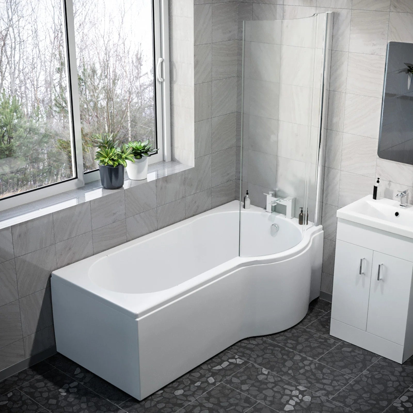 1500mm RH P Shaped Bathroom Suite, Front Panel & Screen With Vanity & Toilet