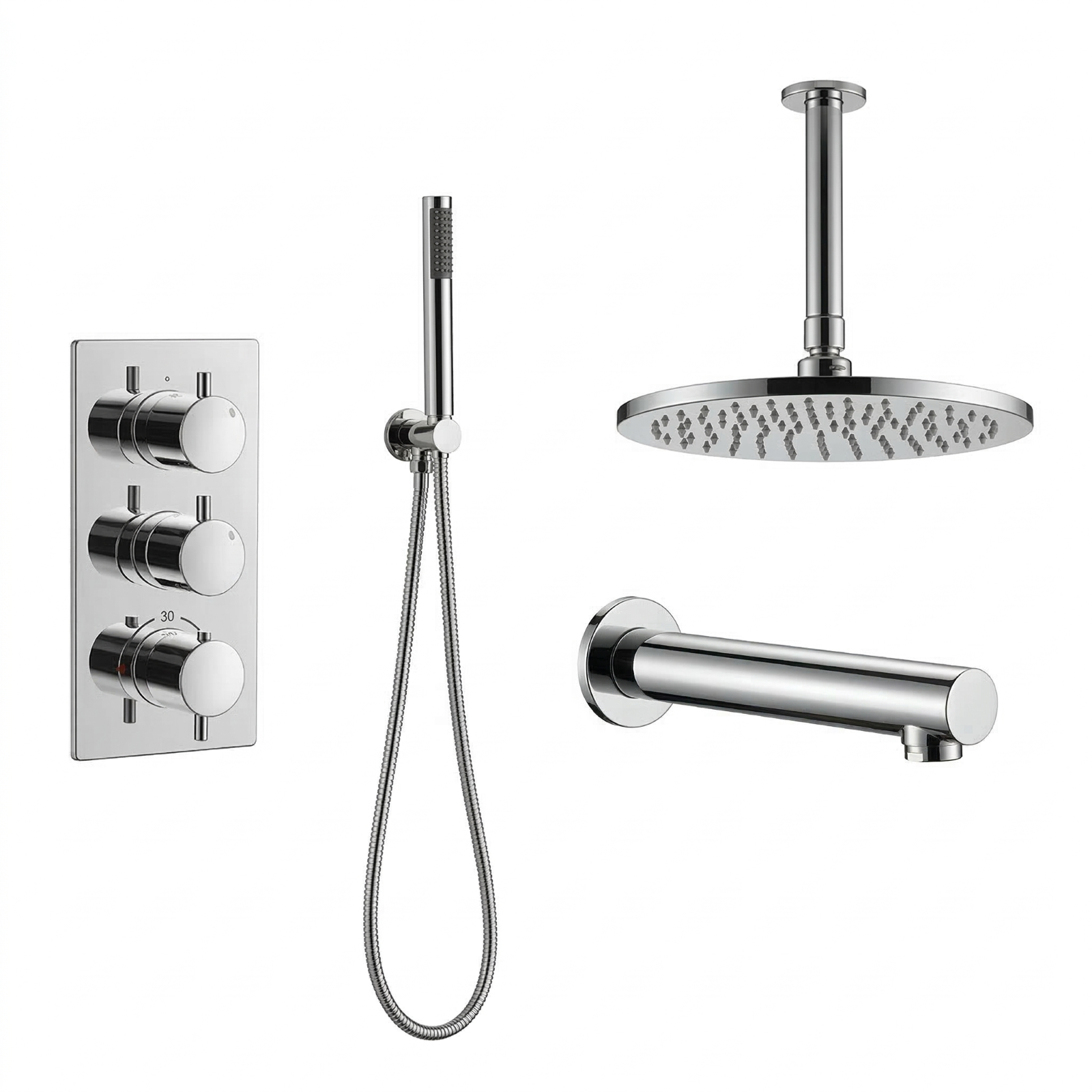 Flora 3 Way Round Concealed Thermostatic Mixer Valve Bath Filler Hand Shower