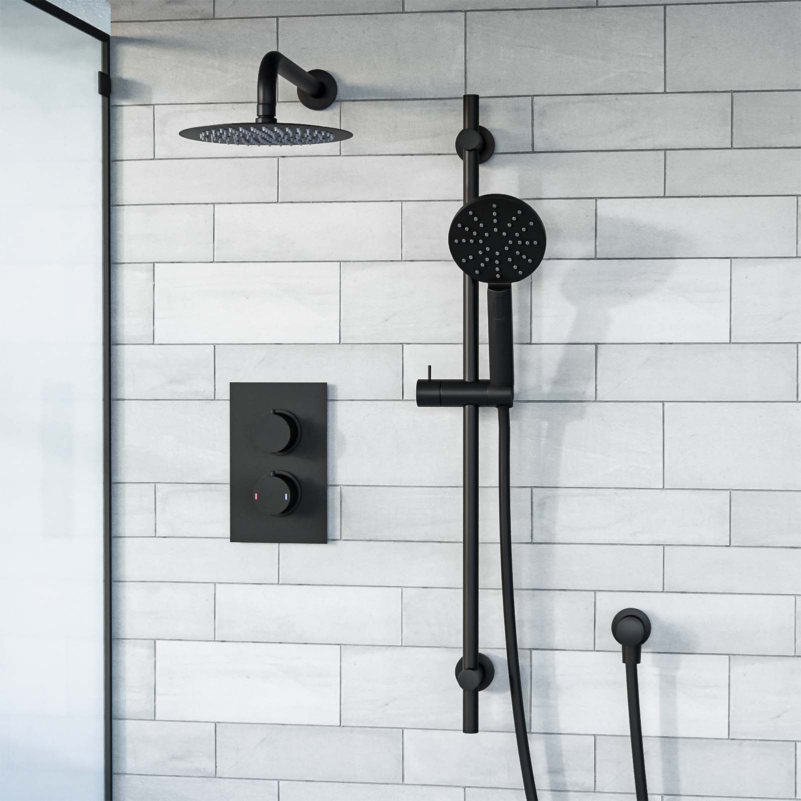 Violet 2 Dial 2 Way Thermostatic Mixer, 200mm Rainfall Shower Head, Slider Rail & Handset Matte Black