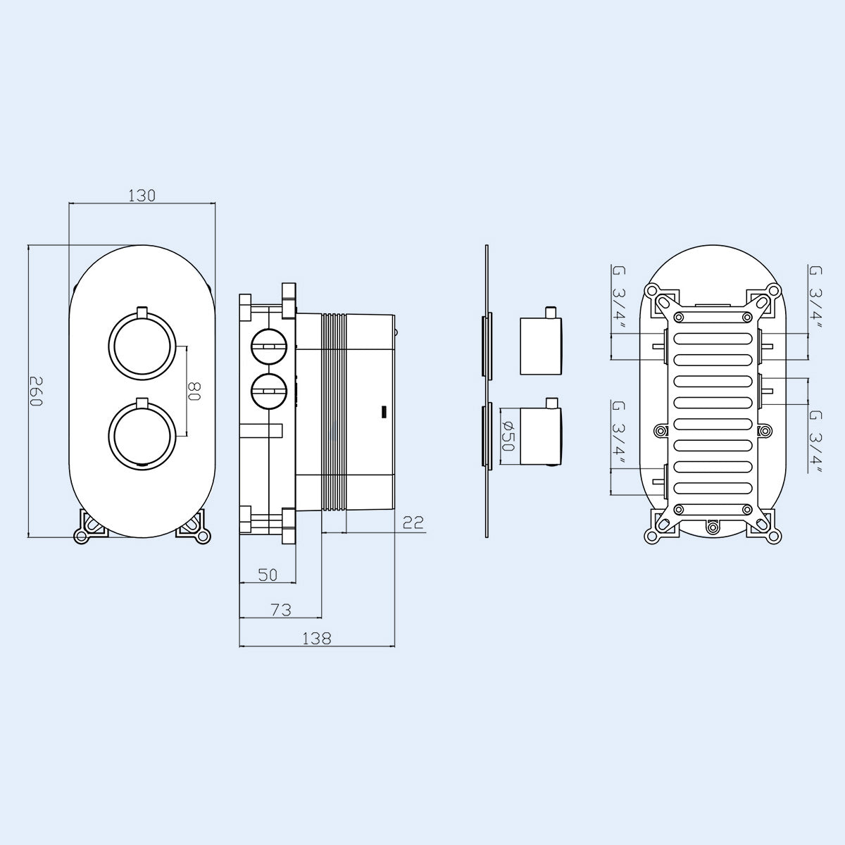 Round 2 Dials Concealed Thermostatic Shower Mixer Valves Brushed Brass